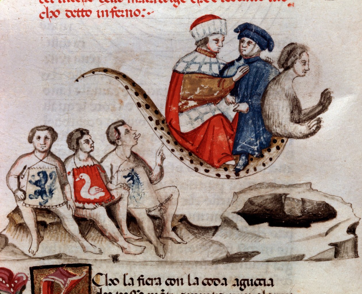 Dante i Wergiliusz jadą na grzbiecie Geriona (pieśń 17 z piekła w Boskiej Komedii) - miniatura XV w. autorstwa Unknown artist