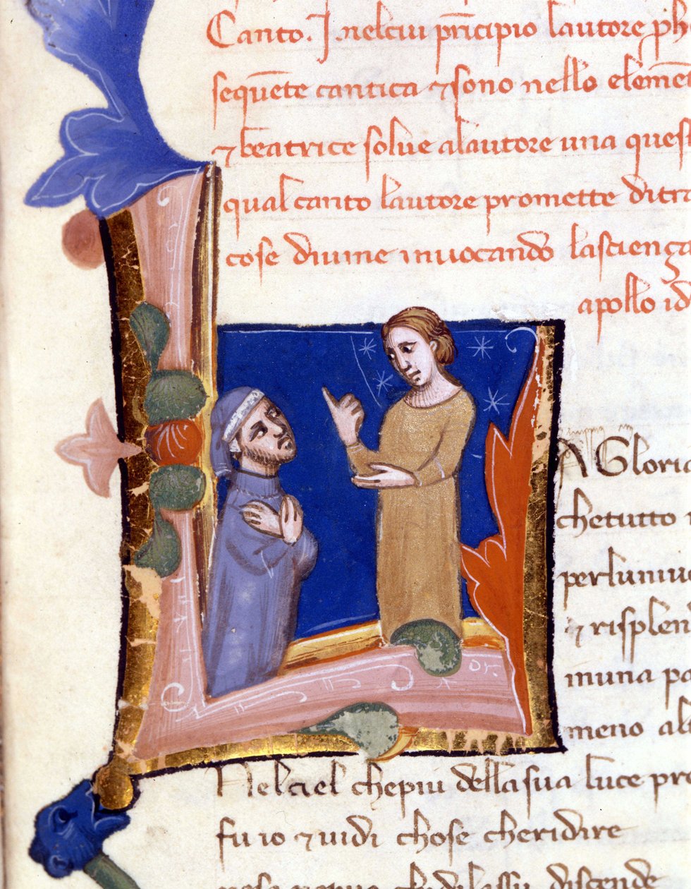Dante witany przez Bèatrice przy wejściu do Raju. (litera "" L ") XIV-wieczny rękopis Divina Commedia (Boska komedia) Biblioteka Milan Trivulziana autorstwa Unknown artist
