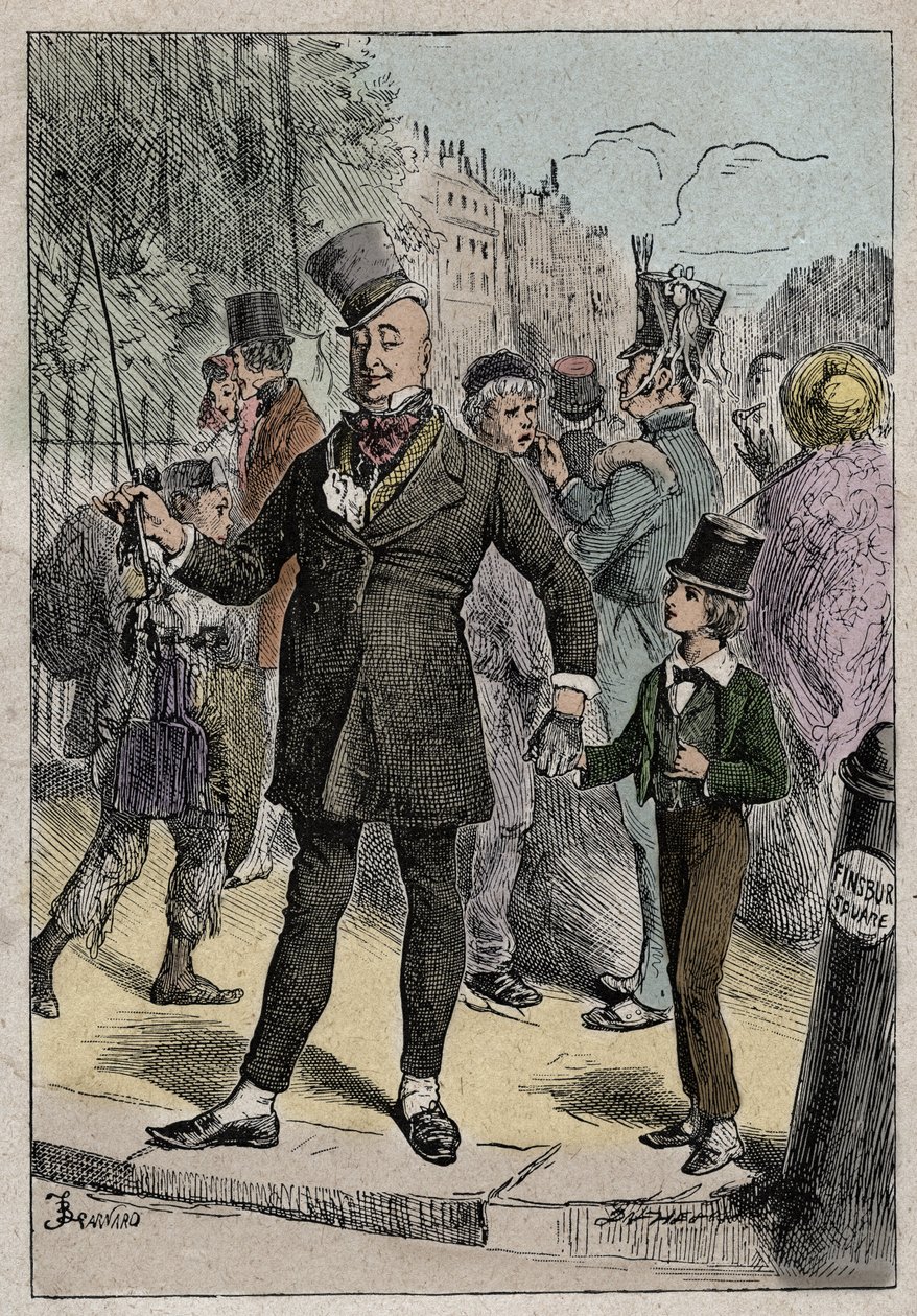David Copperfield i pan Micawber, ilustracja z „Dawida Copperfielda” Charlesa Dickensa („Pan Micawber zadbał o to, żebym znał nazwy ulic”) autorstwa Unknown artist