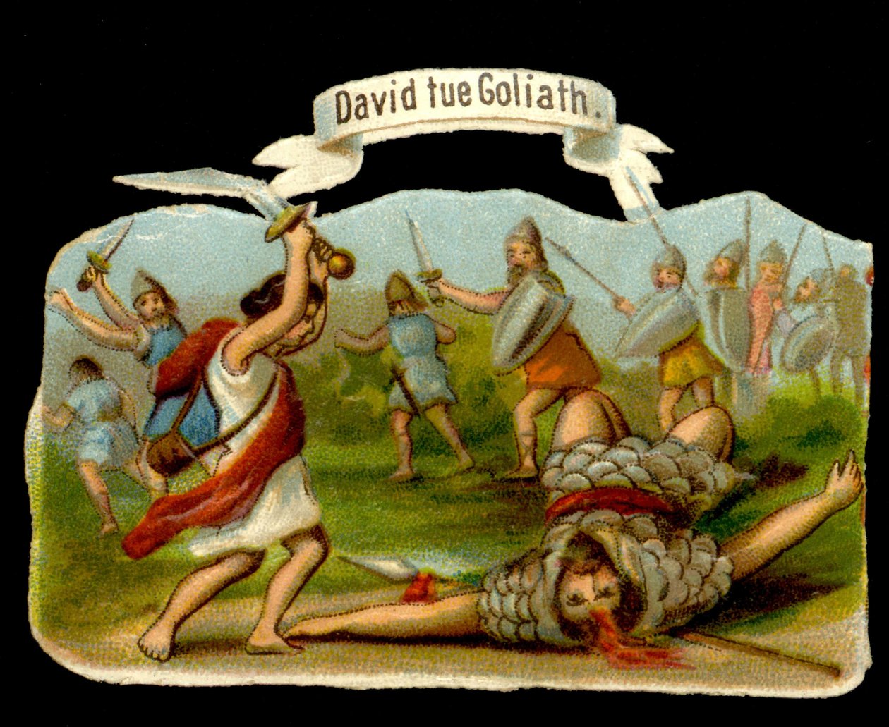 Dawid i Goliat: Dawid zabija Goliata swoją szpadą. XIX-wieczna chromolitografia. autorstwa Unknown artist