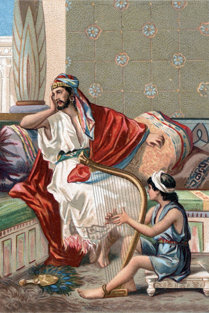 Dawid grał na cytarze przed królem Saulem, aby go przebłagać. autorstwa Unknown artist