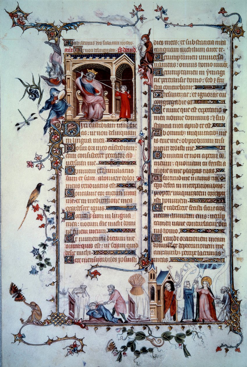 Dawid grozi Saulem. Alegoria chciwości. Sakrament Komunii. Alegoria miłości. Miniatura zaczerpnięta z Psalmu „Breviaire de Belleville”” autorstwa Unknown artist