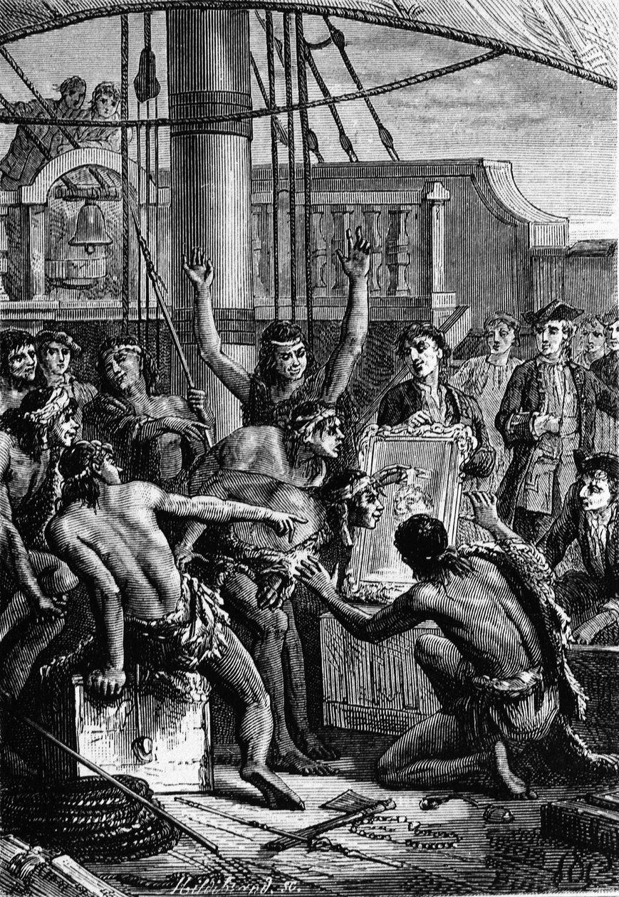 Odkrycie Indii: podróż Wallisa po Pacyfiku; Indianie odkrywający lustro - w „Les Voyageurs du 18th et 19th ecle”, Jules Verne, wyd. Hetzel et Cie, Paryż. autorstwa Unknown artist