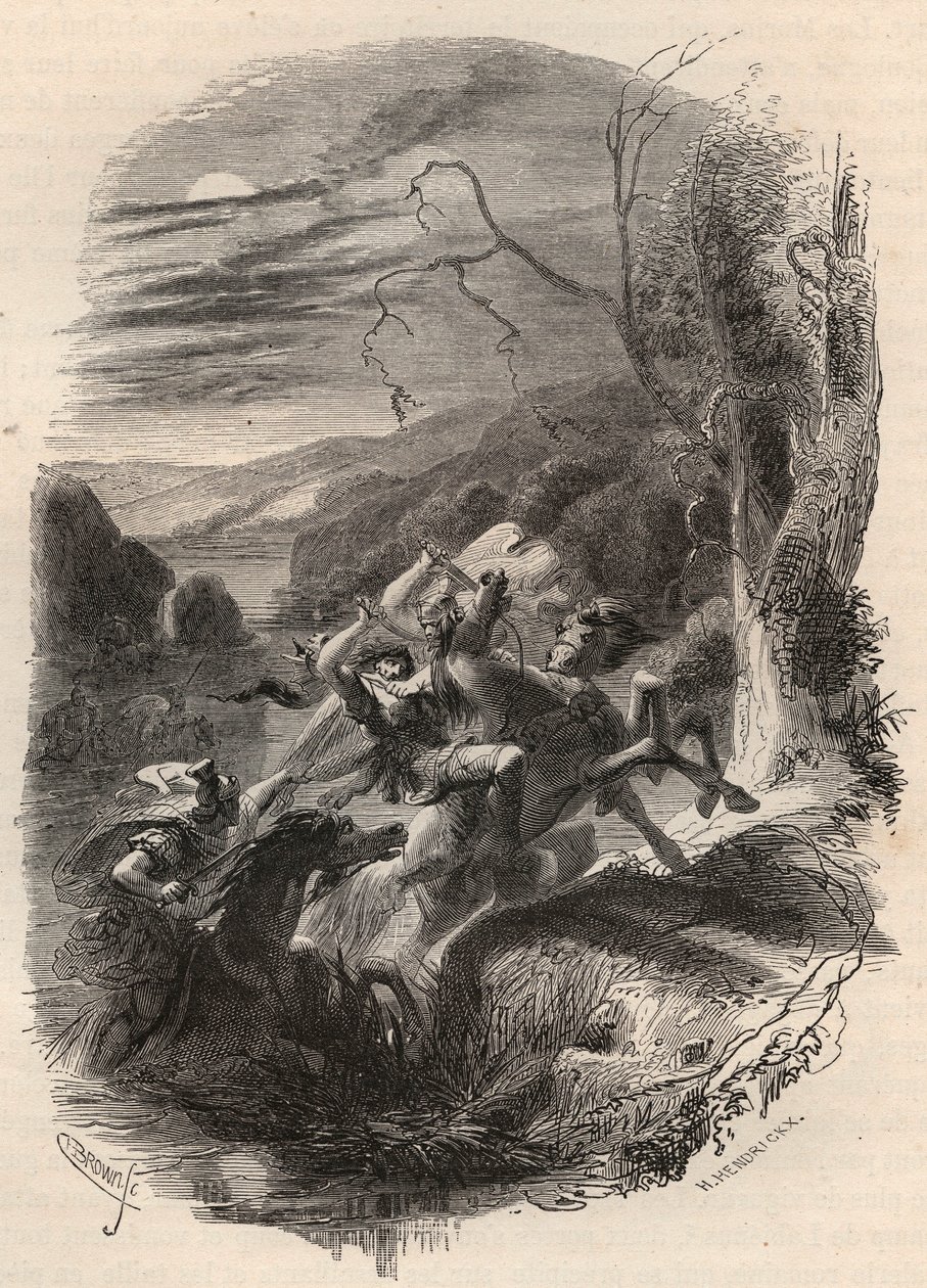 Śmierć Indutiomarusa (Induziomaro) wodza Trevirów, zabitego przez armię rzymską w 53 roku p.n.e. Rycina z 1868 r. w „Histoire de Belgique od czasów pierwotnych do końca panowania Leopolda I”” autorstwa Theodore