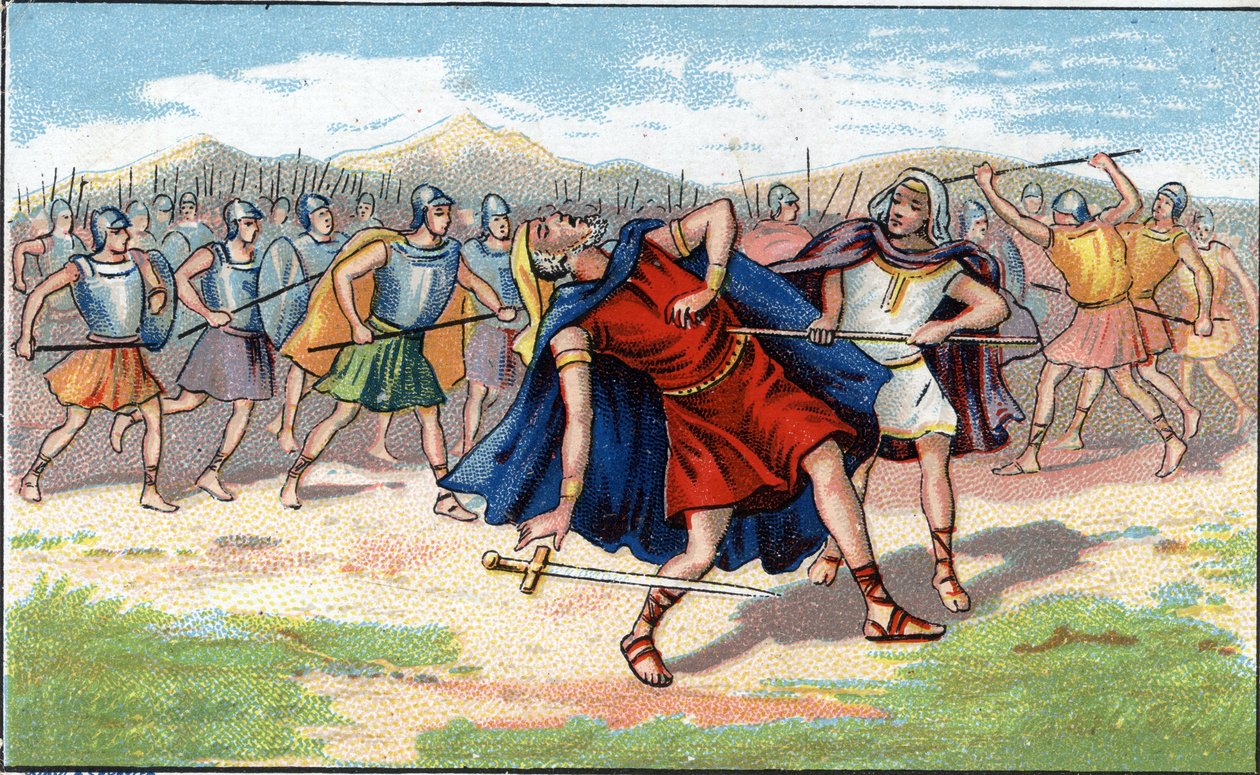 Śmierć Judasza Macchabeego (Maccabee lub Macabee) lub żydowskiego wojownika Yeouda Hamakabi (200-160 p.n.e.). Chromolitografia z XIX wieku autorstwa Unknown artist