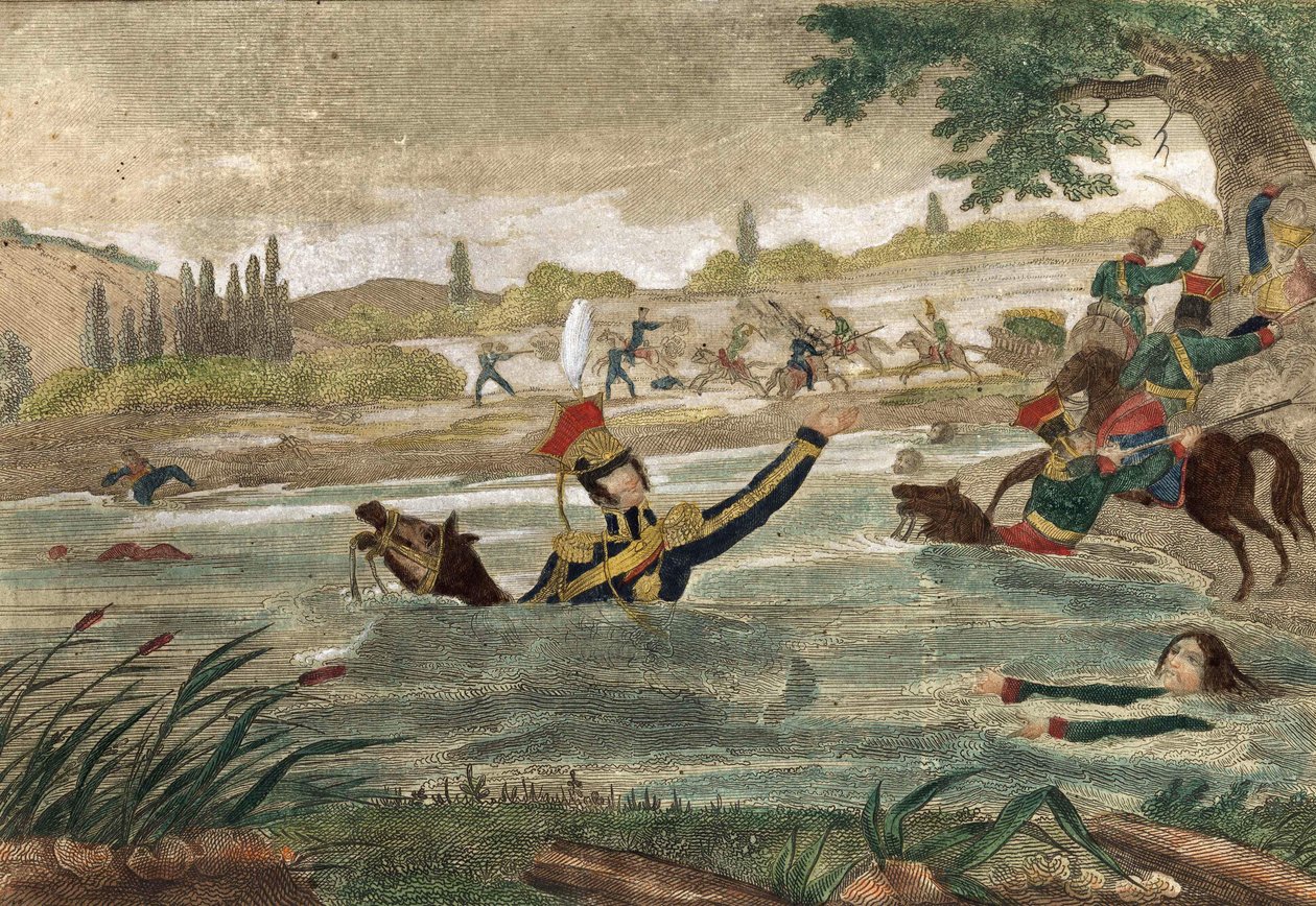 Śmierć księcia Józefa (Józefa) Antoniego Poniatowskiego (ur. 1763) przy przejściu Węgorza w 1813 r., rycina przedstawiająca czas autorstwa Unknown artist