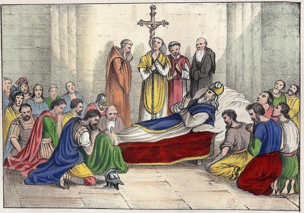 Śmierć św. Augustyna (354 - 430). Rycina w „Starej i współczesnej Algierii” autorstwa Léona Galiberta. Wydanie włoskie w kolorze 1846. autorstwa Unknown artist