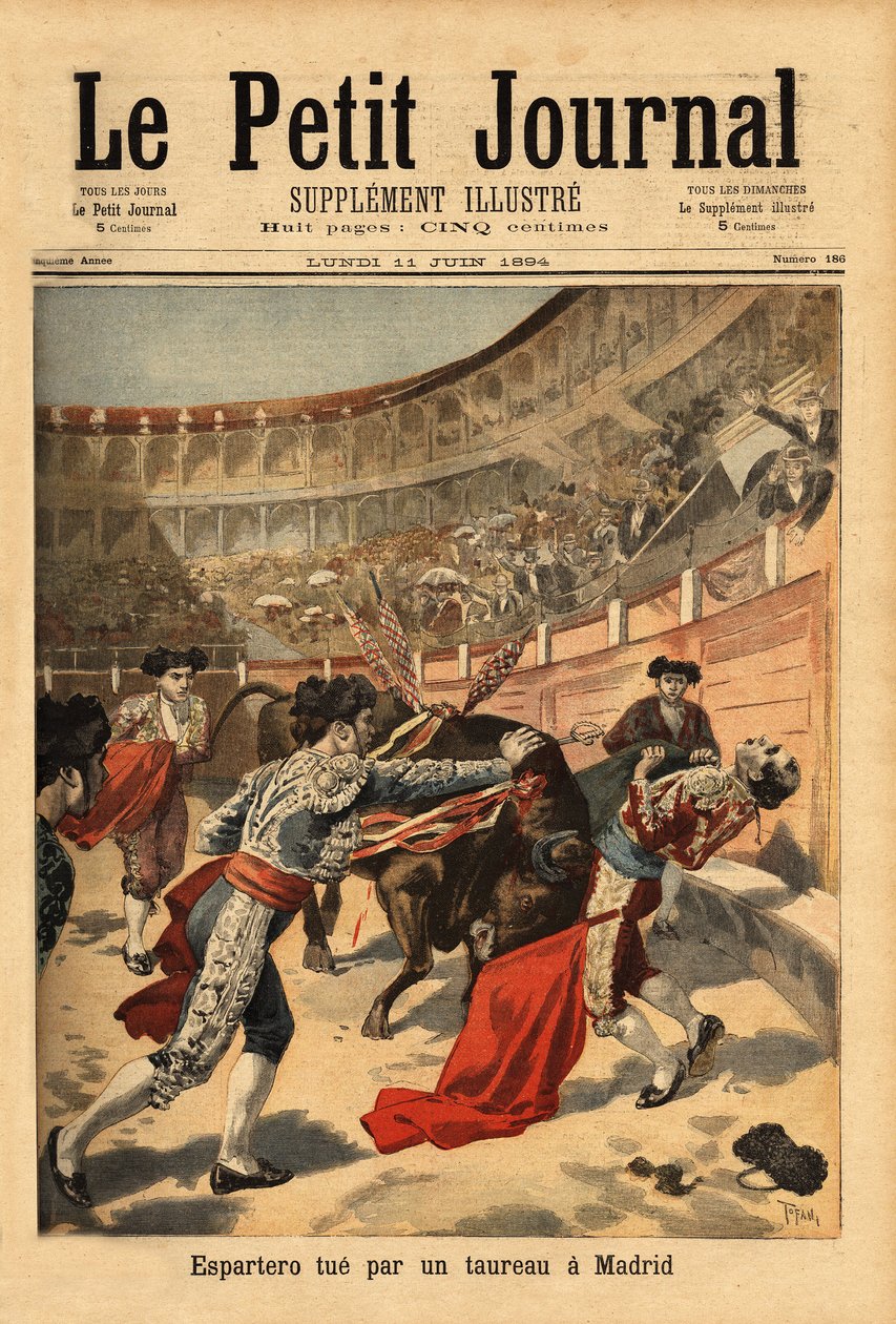 Śmierć hiszpańskiego matadora Manuela Garcii dit Espartero (1865-1894), na arenach Madrytu, przez estokę byka. Grawerowanie w „”Le petit journal”” 2/07/1894. Kolekcja Selvy. autorstwa Unknown artist