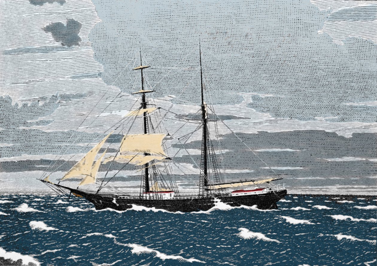 Grudzień 1872, Mary Celeste zostaje znaleziona porzucona na środku Atlantyku, niedaleko Wysp Acores. Kapitan, jego żona i ich dwuletnia córka, a także ośmiu członków załogi zniknęli. Grawerowanie XIX wieku. autorstwa Unknown artist