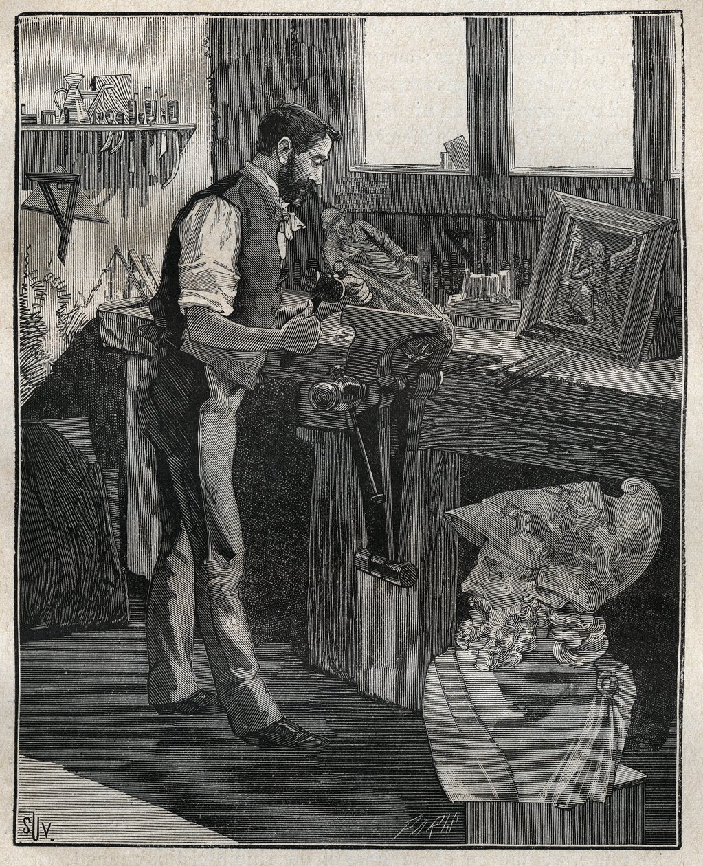Zdobienie sztućców: dłuto z brązu. Grawer z 1885 roku w „Les arts et metiers illustres” Adolphe BITARD. autorstwa Unknown artist