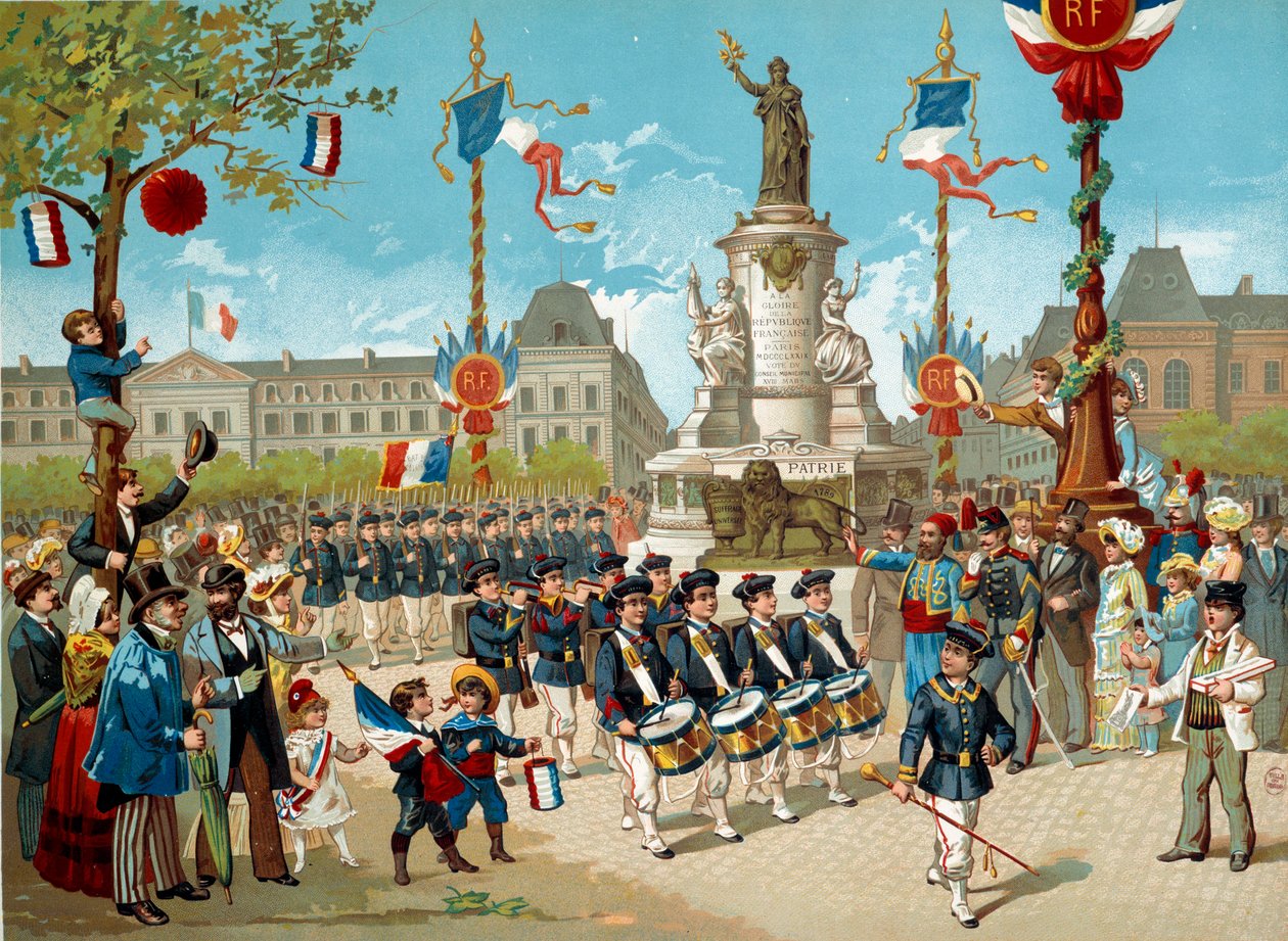 Sprofanuj dzieci Batalionów Szkolnych na Place de la Republique 14/07/1883 w Paryżu. Litografia XIX-wiecznego Paryża, Musee Carnavalet autorstwa Unknown artist