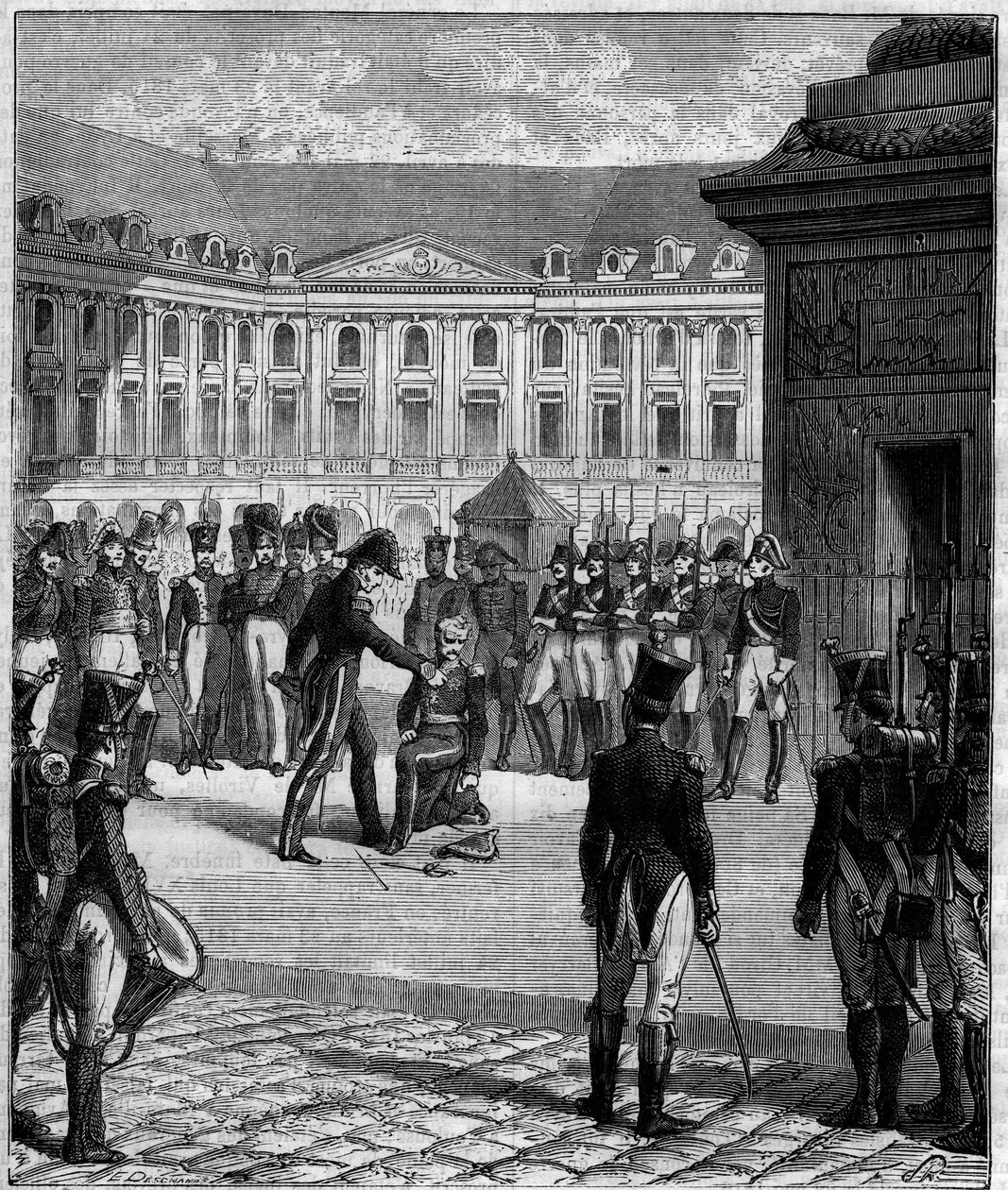 Degradacja generała Bonnaire byłego żołnierza cesarstwa skazanego za przypadkową śmierć szefa sztabu Ludwika XVIII w dniu 8 czerwca 1816 r. u stóp kolumny Vendome (Place Vendome) w Paryżu. autorstwa Unknown artist