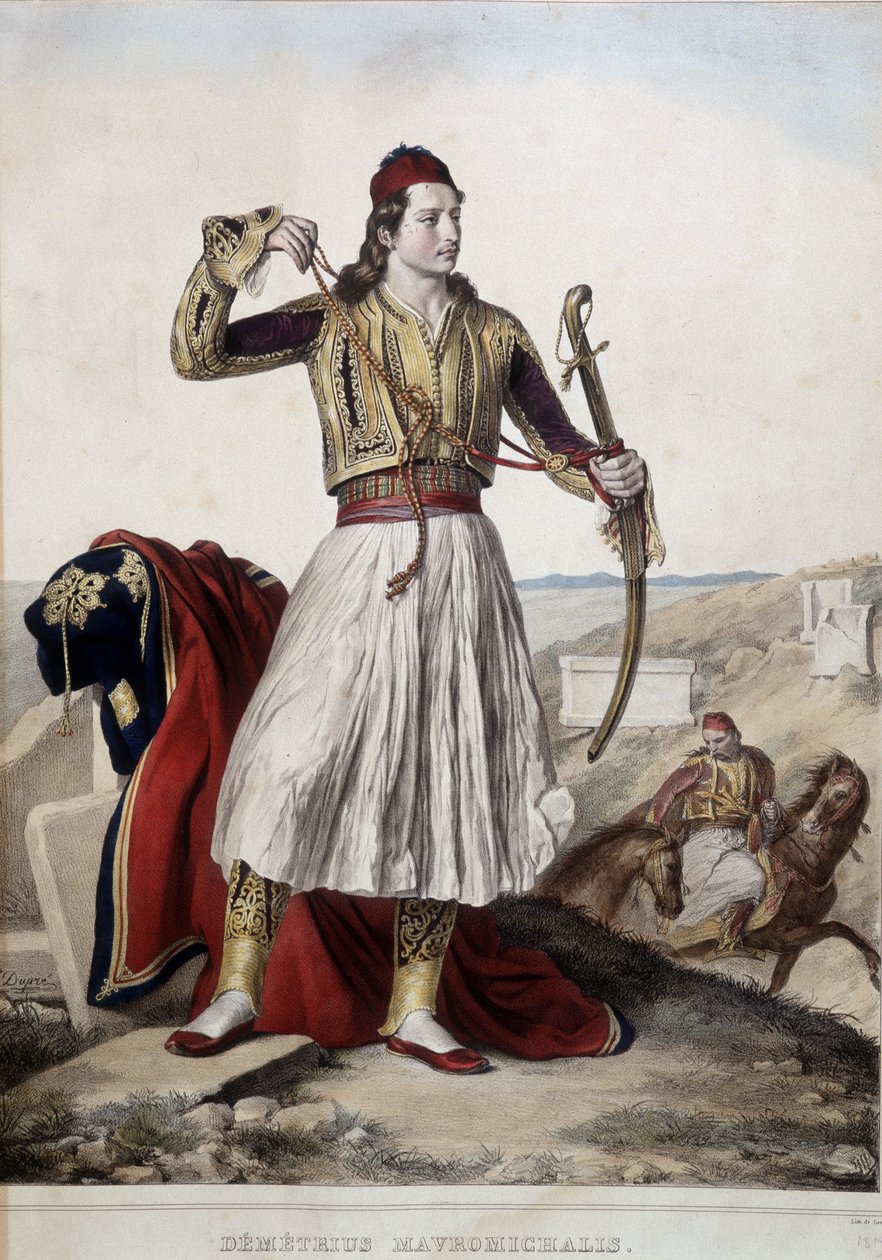 Demetrius Mavromichalis w tradycyjnym stroju jeźdźca - litografia autorstwa Unknown artist