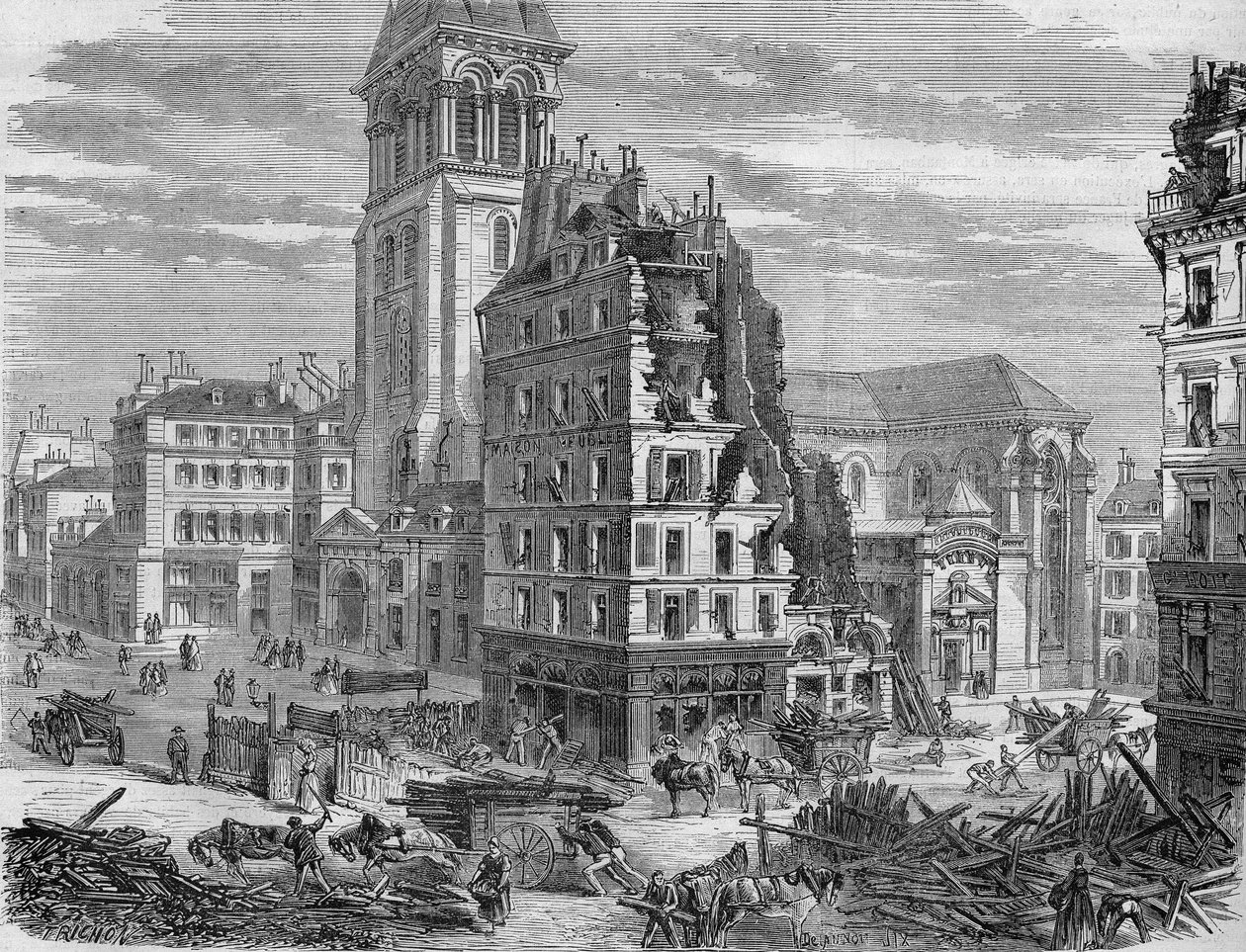 Rozbiórka Place Saint Germain des Pres za przebicie Rue de Rennes w 1867 roku. autorstwa Unknown artist