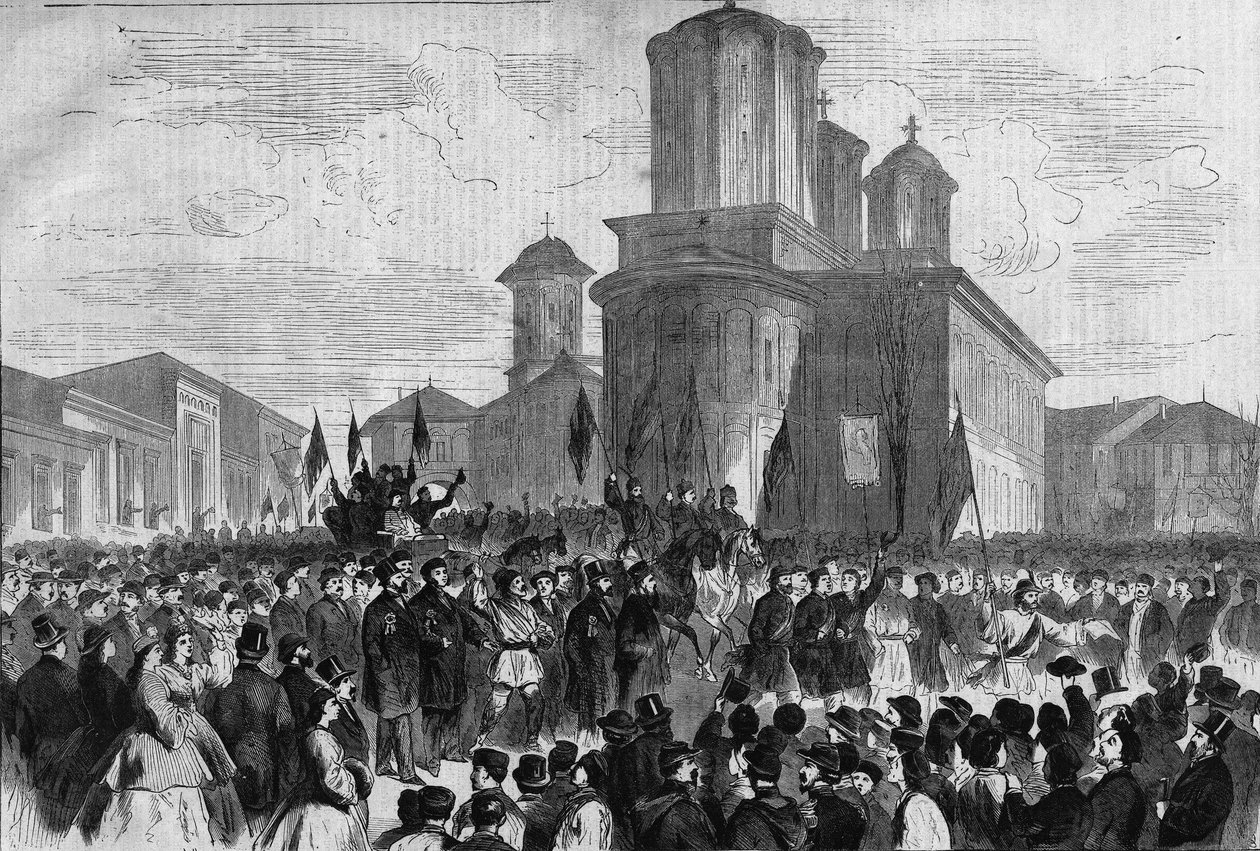 Demonstracja w Bukareszcie dla księcia Karola Hohenzollern-Sigmara, nowego króla Rumunii autorstwa Unknown artist