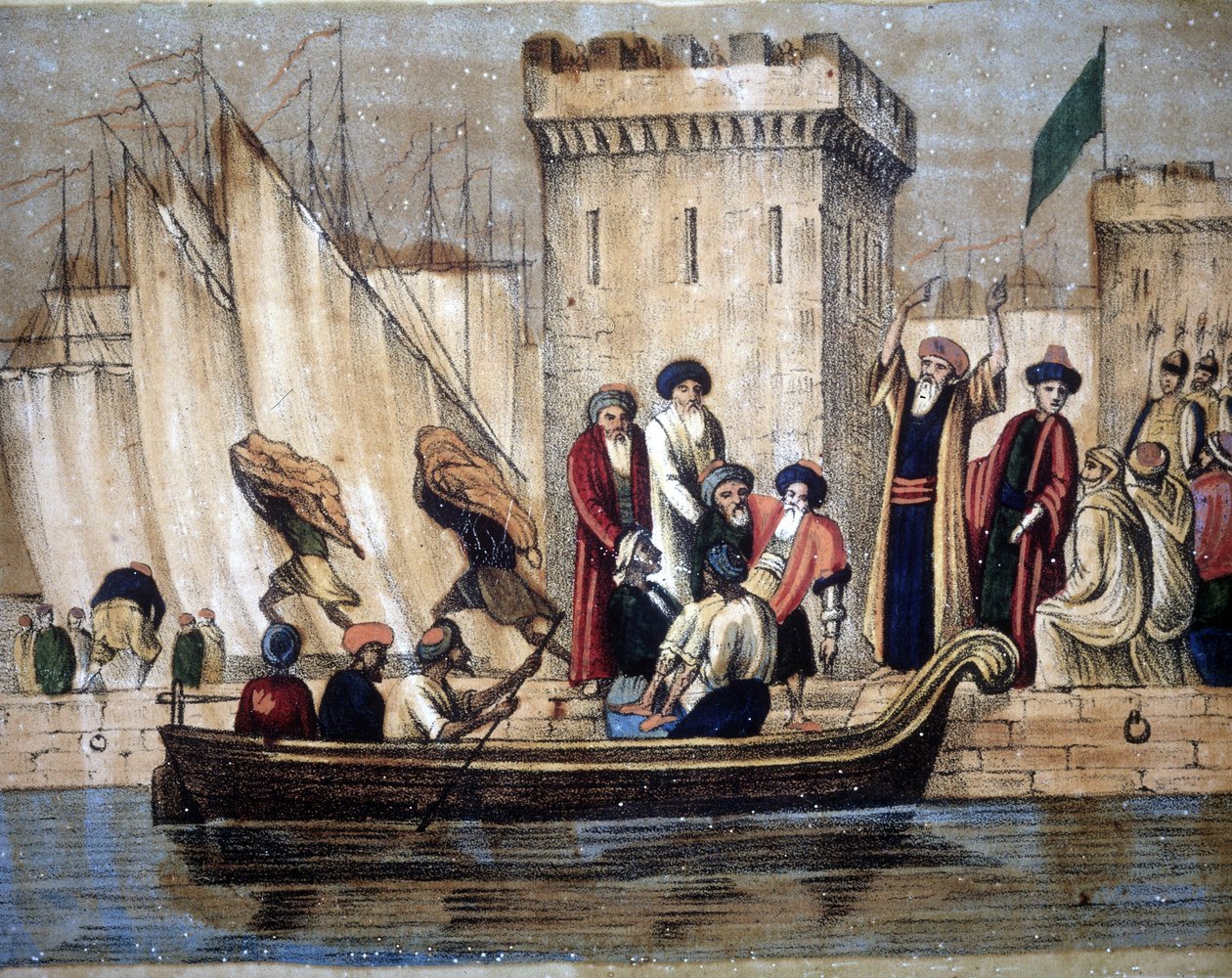 Wyjazd Maurów z Algieru, po kolonizacji francuskiej, Na łódź ładowany jest stary lub chory człowiek. 19 wiek autorstwa Unknown artist