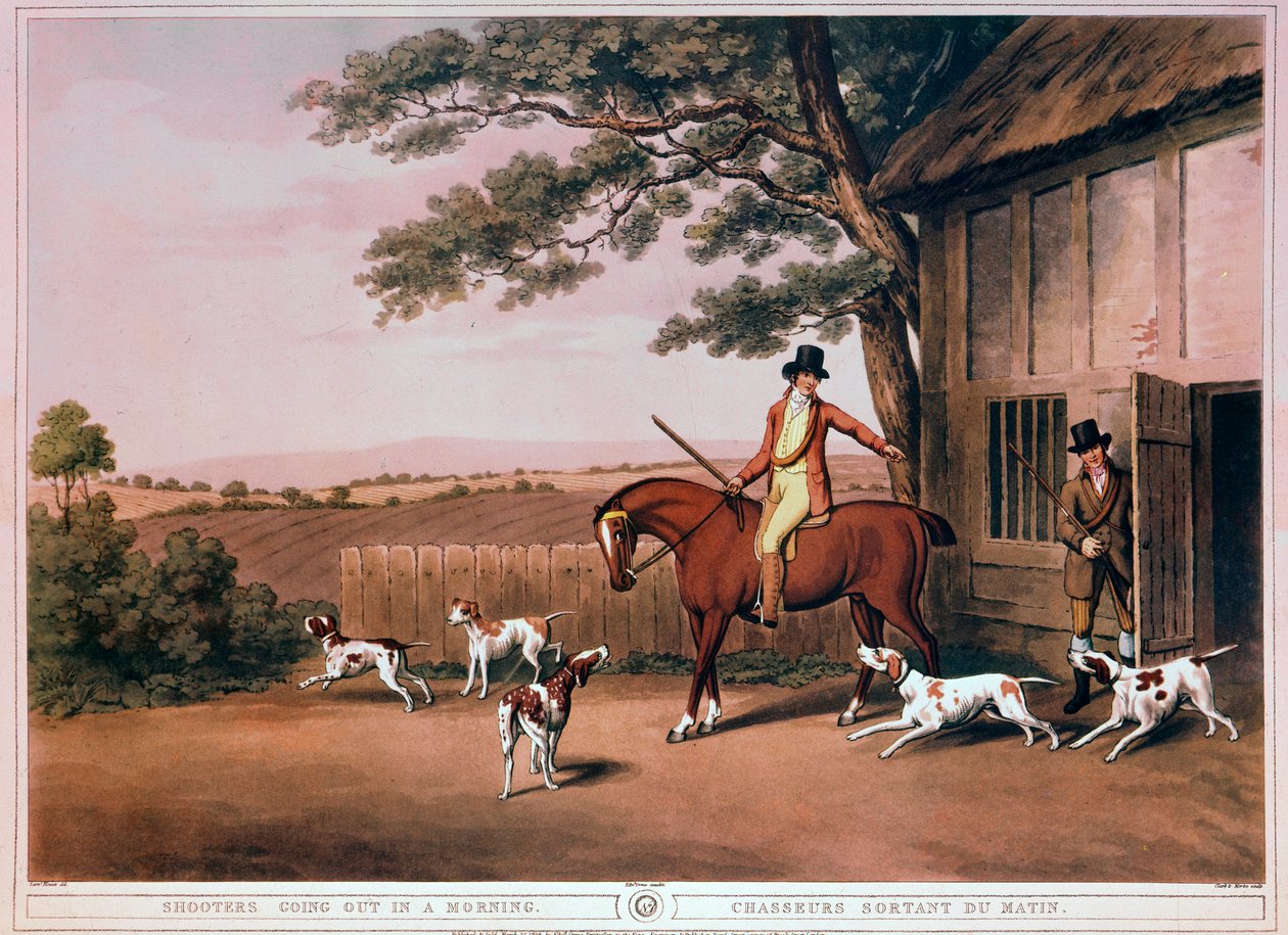 Wyjechał na polowanie wczesnym rankiem myśliwego i jego psów do Anglii. Rycina XIX wieku. Gien, muzeum polowań autorstwa Unknown artist
