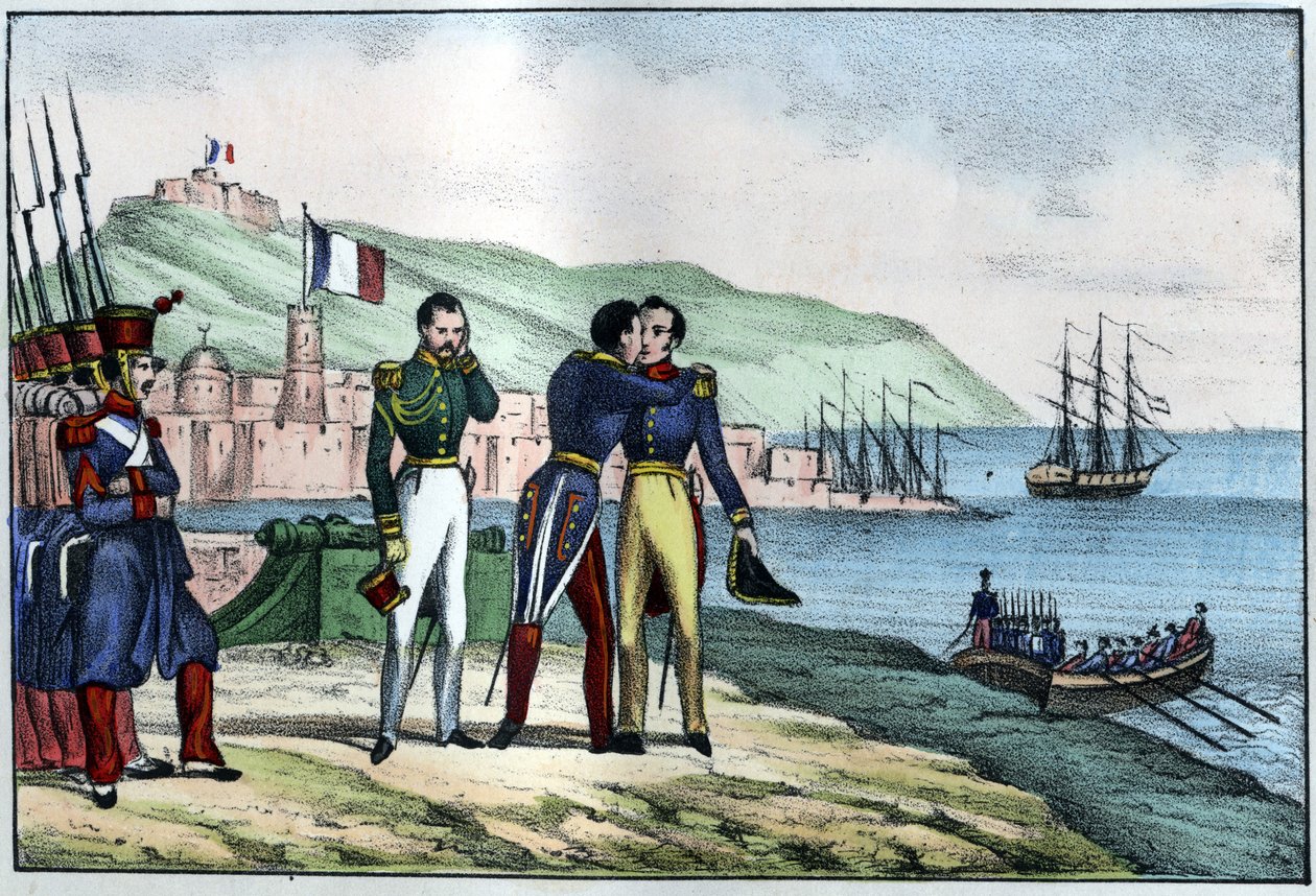 Wyjazd Louisa Auguste, hrabiego Bourmont (Maréchal de Bourmont) (1773-1846) z Algierii w 1830 r. w „”L’Algerie vieille et moderne”” Léona Galiberta. Wydanie włoskie w kolorze 1846. autorstwa Unknown artist