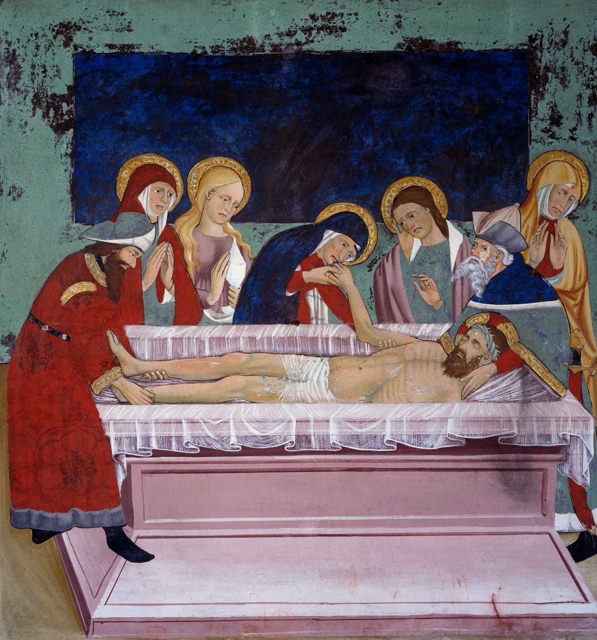 Złożenie w grobie, Życie Chrystusa (XV wiek), freski, kaplica św. Sebastiana, Villard-de-Lans, Rodan-Alpy, Francja. autorstwa Unknown artist
