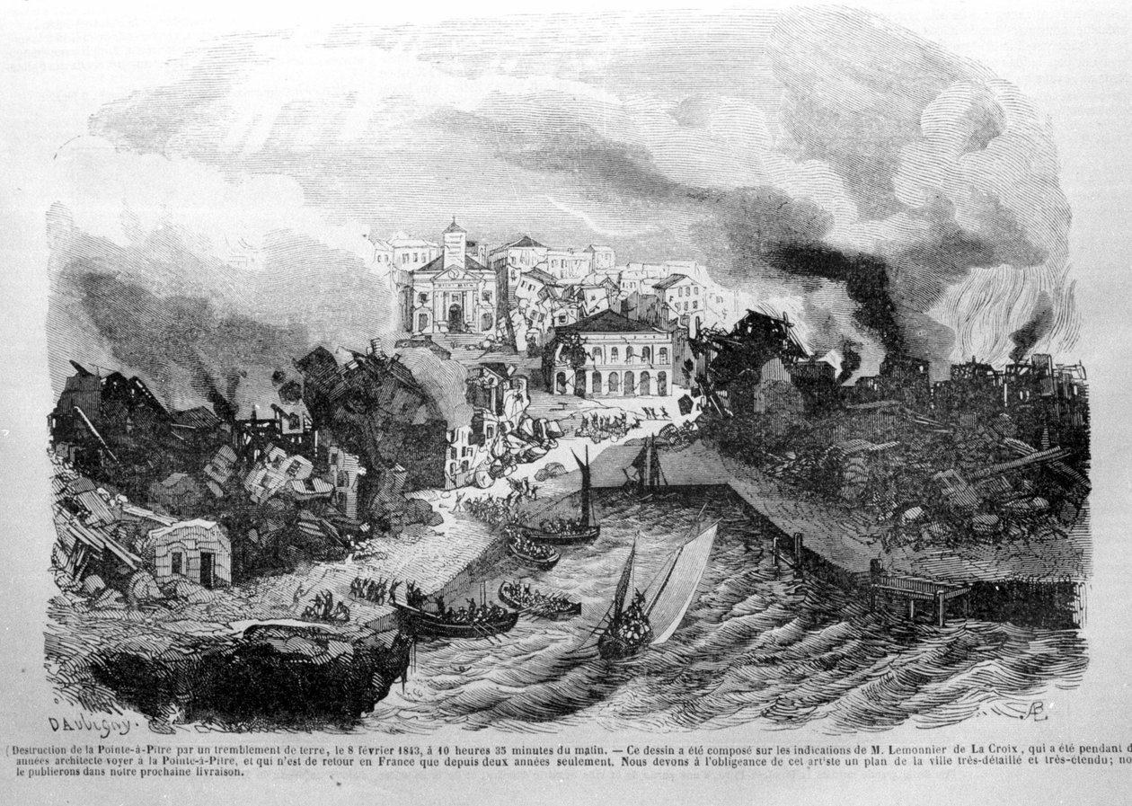 Zniszczenie Pointe à Pitre (Gwadelupa) przez trzęsienie ziemi w dniu 08.02.1843. Grawerowanie 1843. autorstwa Unknown artist