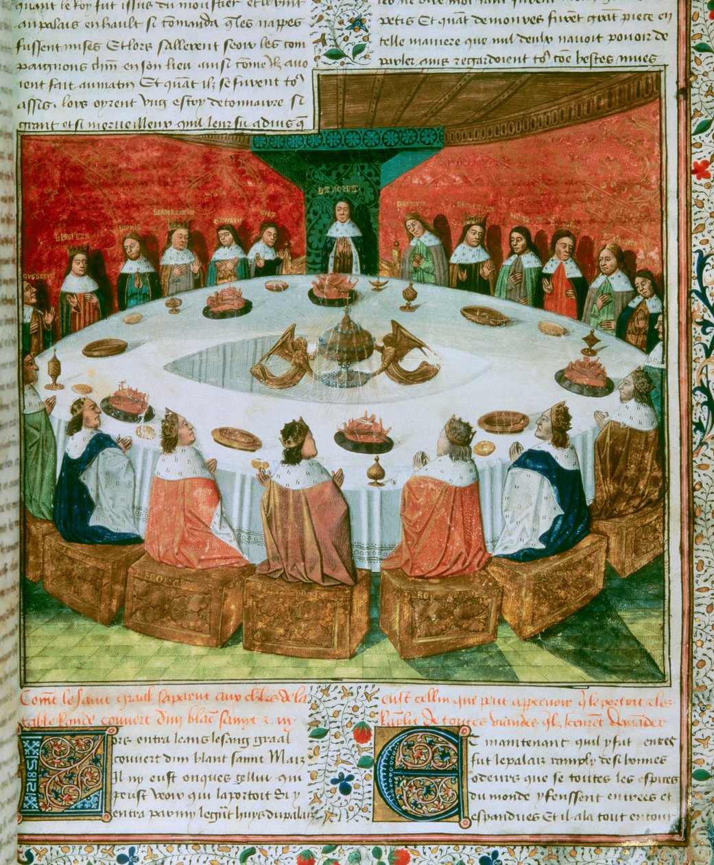 Szczegół: Król Artur i Rycerze Okrągłego Stołu uczestniczący w objawieniu Świętego Graala. (Król Artur i Rycerze Okrągłego Stołu). Iluminacja ilustrująca rękopis „Ketty Świętego Graala”, ok. 1930 r. 1470. Folio 5 Fre autorstwa Unknown artist