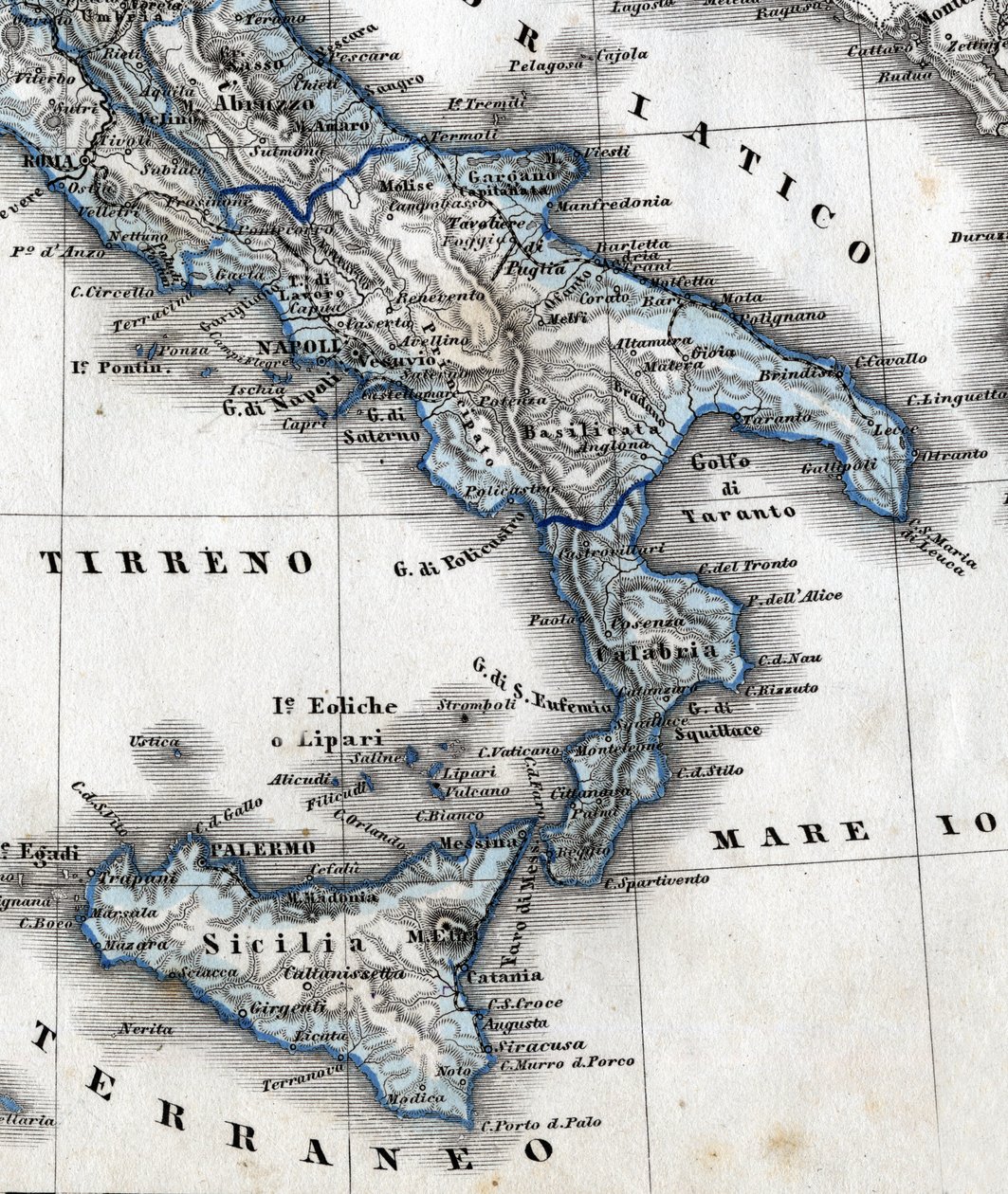Szczegóły mapy geograficznej przedstawiającej południowe Włochy (regiony Kampania, Kalabria, Sycylia, Apulia, Molise Abruzzo). 19 wiek autorstwa Unknown artist