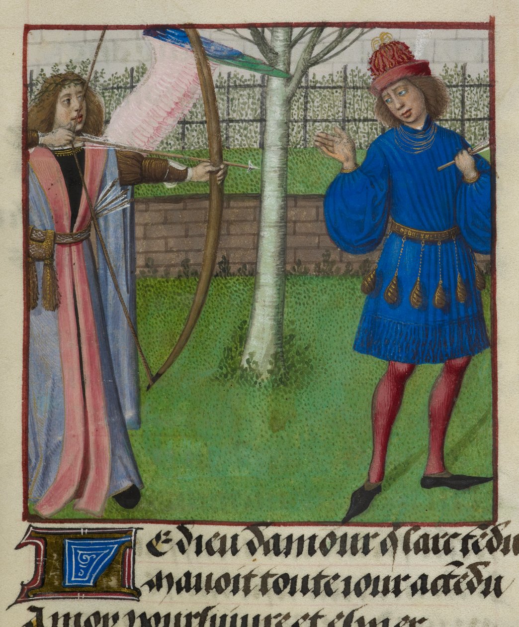 Fragment miniatury Amour (Miłości) celującej w Kochanka z łukiem i strzałami, z „Le Roman de la Rose” autorstwa Unknown artist