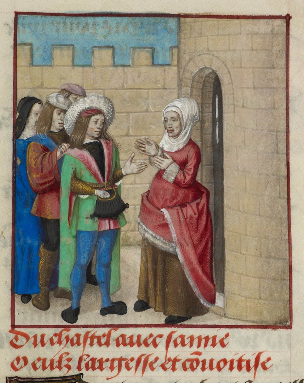 Fragment miniatury Convoitise (chciwość) i Largesse (szczodrość) wchodzących do zamku, z „Le Roman de la Rose” autorstwa Unknown artist