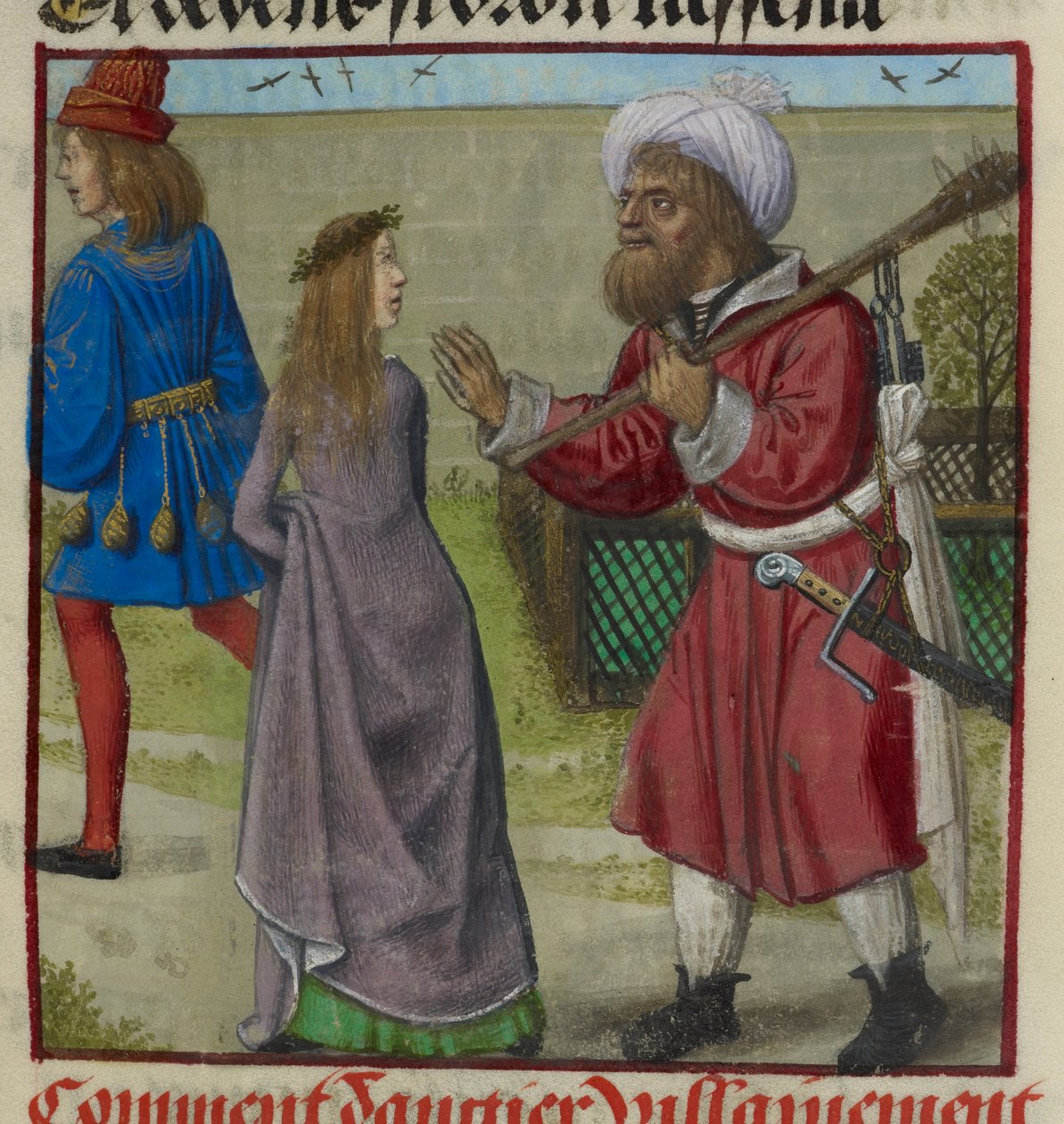 Fragment miniatury Niebezpieczeństwa wypędzającego Kochankę i Bela Accueila (Uczciwe powitanie) z ogrodu, z „Le Roman de la Rose” autorstwa Unknown artist