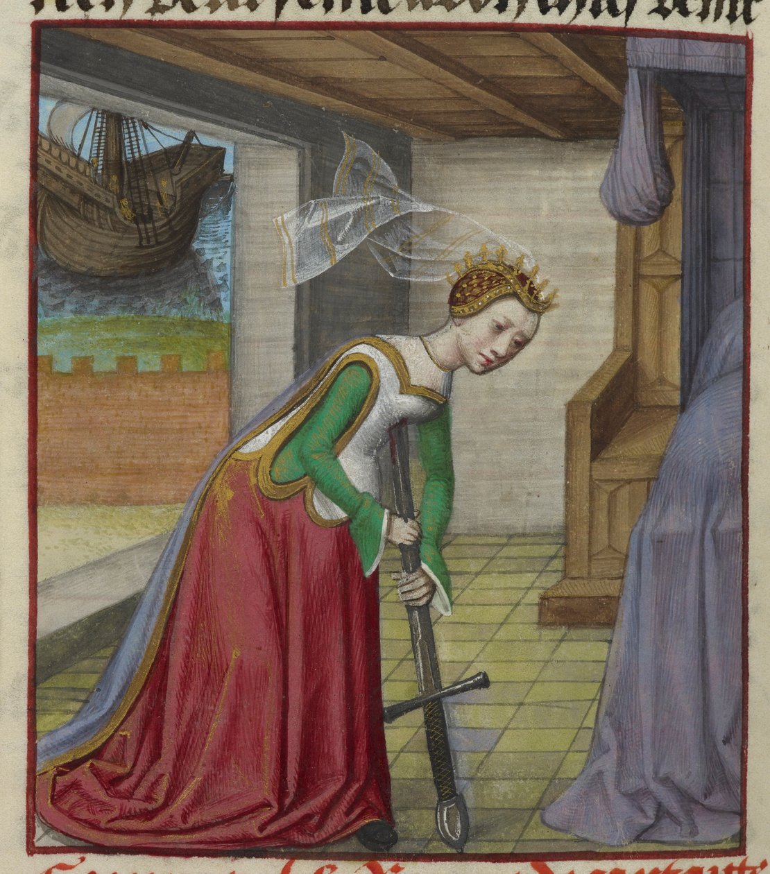 Fragment miniatury Dydony upadającej na miecz i popełniającej samobójstwo po zdradzie Eneasza, z „Le Roman de la Rose” autorstwa Unknown artist