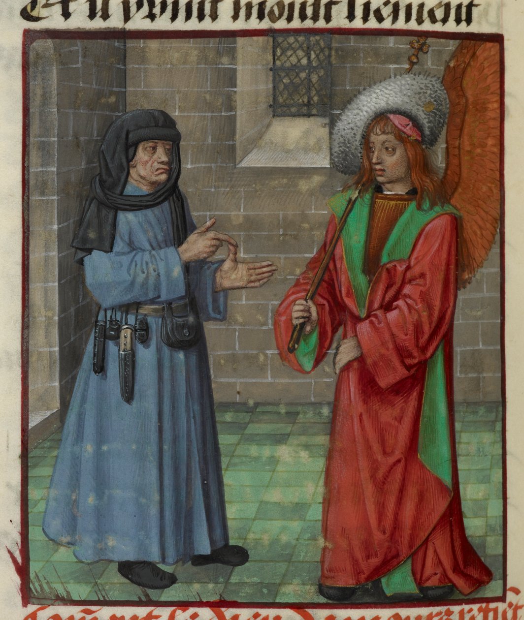 Fragment miniatury Faux Semblant (fałszywie pozornie) adresującej Amour (Miłość) z „Le Roman de la Rose” autorstwa Unknown artist