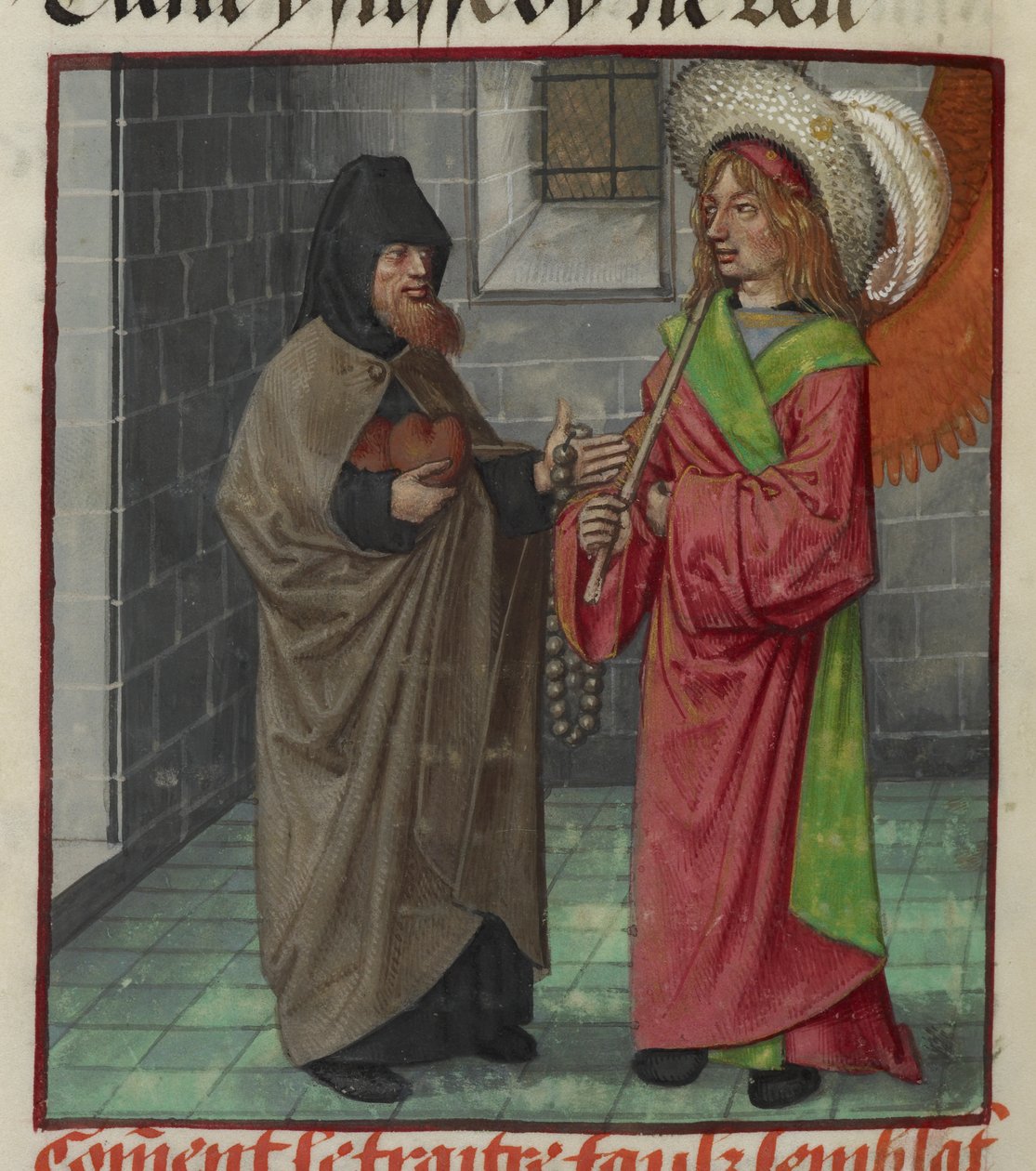 Fragment miniatury Faux Semblant (fałszywego pozoru) trzymającego serca i Amour (miłość) z „Le Roman de la Rose” autorstwa Unknown artist