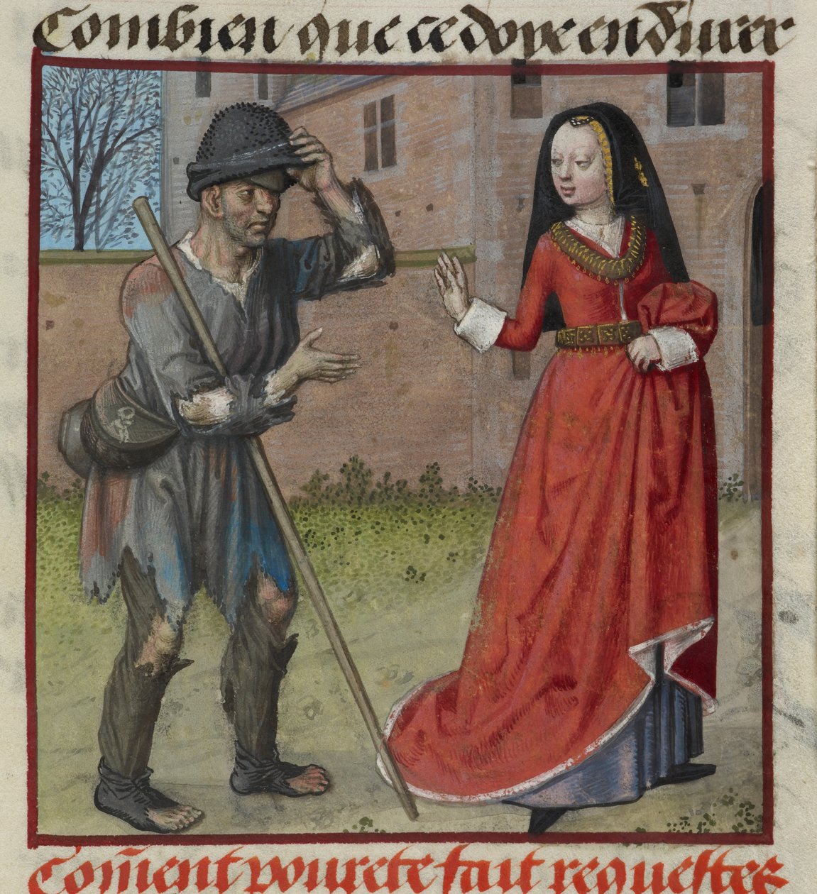 Fragment miniatury Pauvrete (Ubóstwo) błagającej Richesse (Bogactwo), z „Le Roman de la Rose” autorstwa Unknown artist