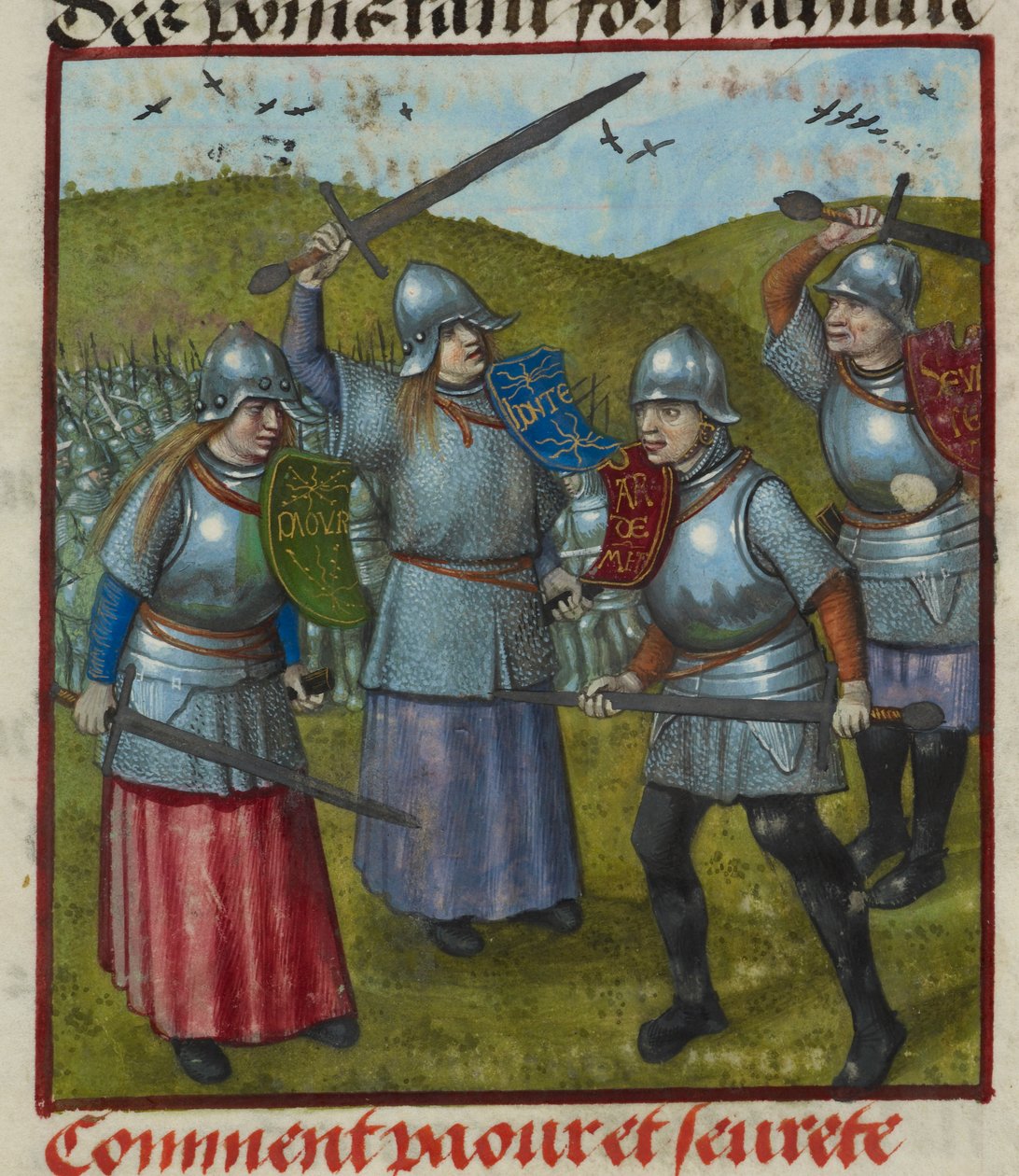 Fragment miniatury przedstawiającej walkę Peura, Honte i innych alegorii. Walczący mężczyźni i kobiety w zbrojach z „Le Roman de la Rose” autorstwa Unknown artist