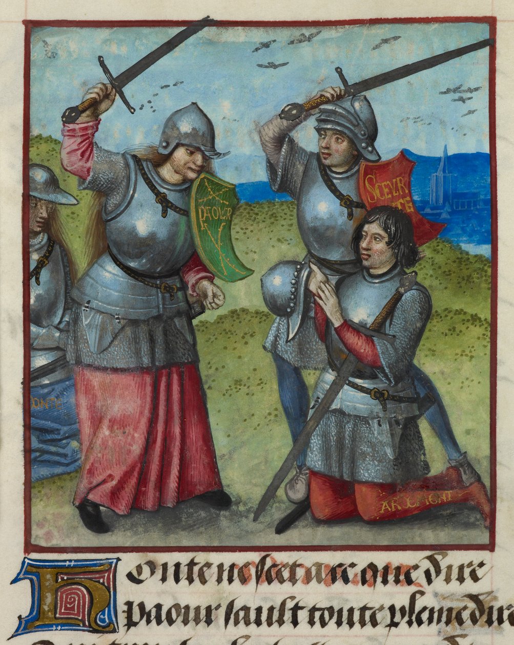 Fragment miniatury walki Peur, podczas gdy Honte patrzy, z „Le Roman de la Rose” autorstwa Unknown artist