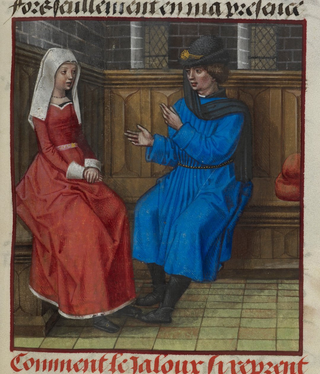 Fragment miniatury zazdrosnego mężczyzny i jego żony w pozycji siedzącej, z „Le Roman de la Rose” autorstwa Unknown artist