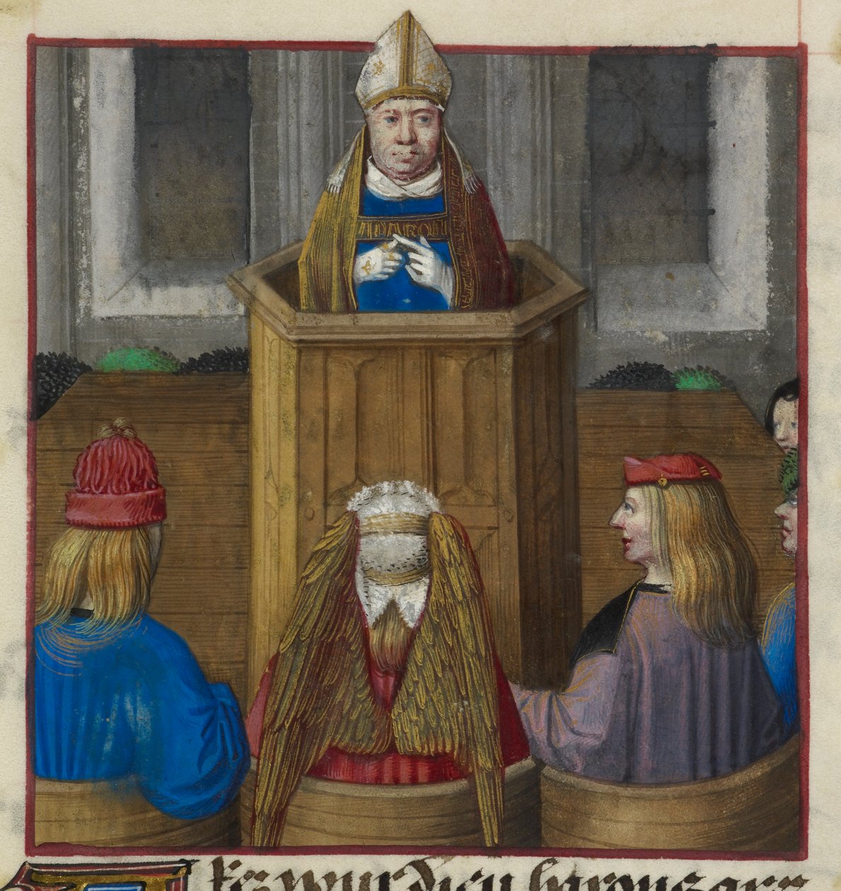 Fragment miniatury kapłana głoszącego kazanie armiom Wenus, z „Le Roman de la Rose” autorstwa Unknown artist