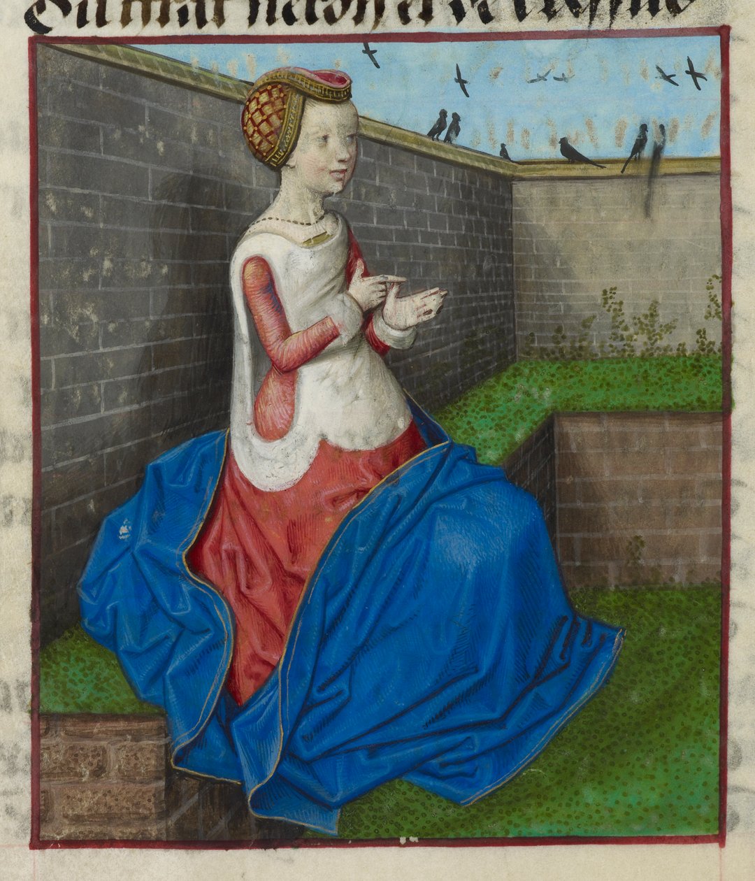 Fragment miniatury przedstawiającej kobietę siedzącą w otoczonym murem ogrodzie, liczącą na palcach, z „Le Roman de la Rose” autorstwa Unknown artist