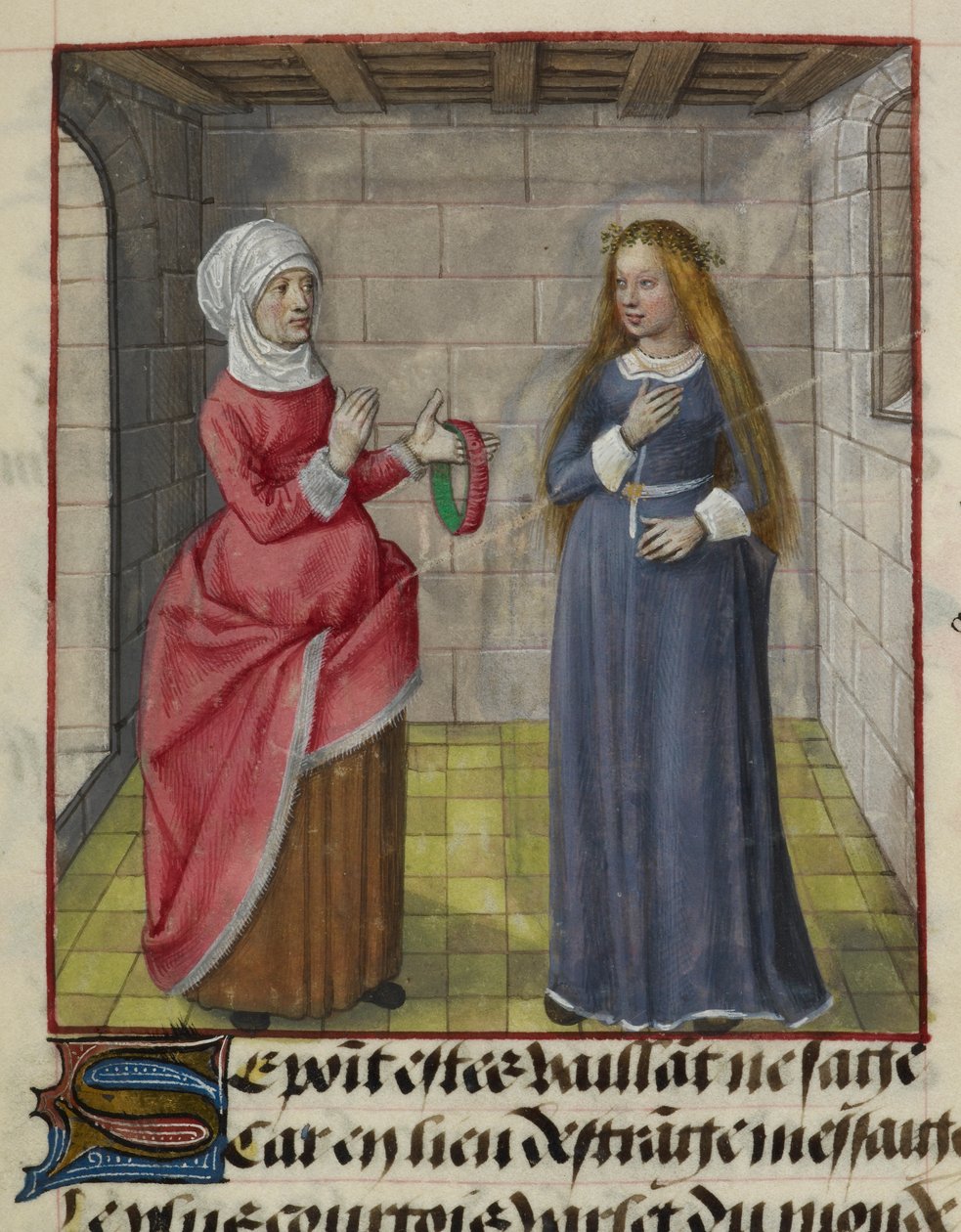 Fragment miniatury la Vieille (Duenna) i Bel Accueil (Uczciwe powitanie) z „Le Roman de la Rose” autorstwa Unknown artist