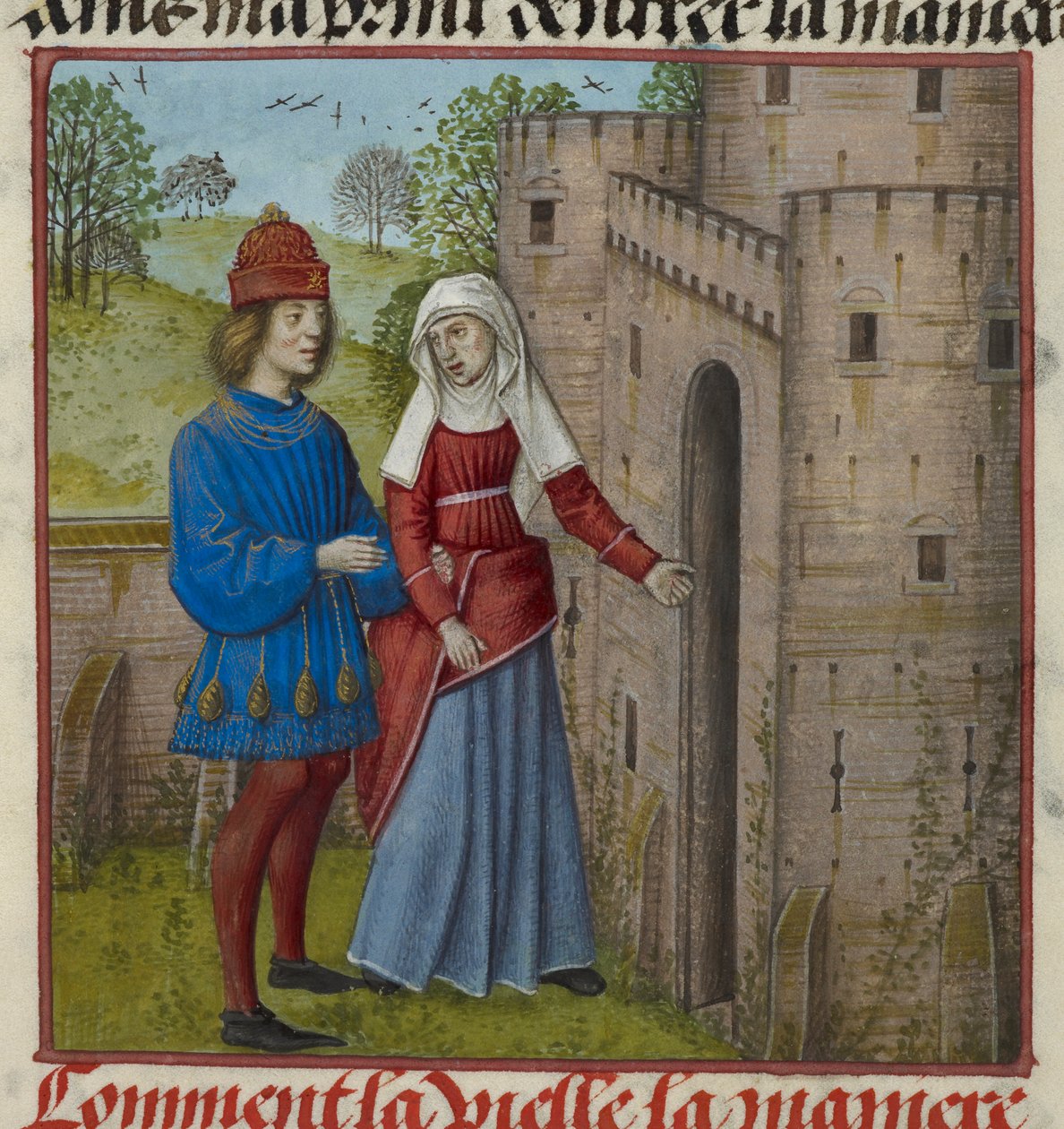 Fragment miniatury Kochanka i la Vieille (Duenna) z „Le Roman de la Rose” autorstwa Unknown artist
