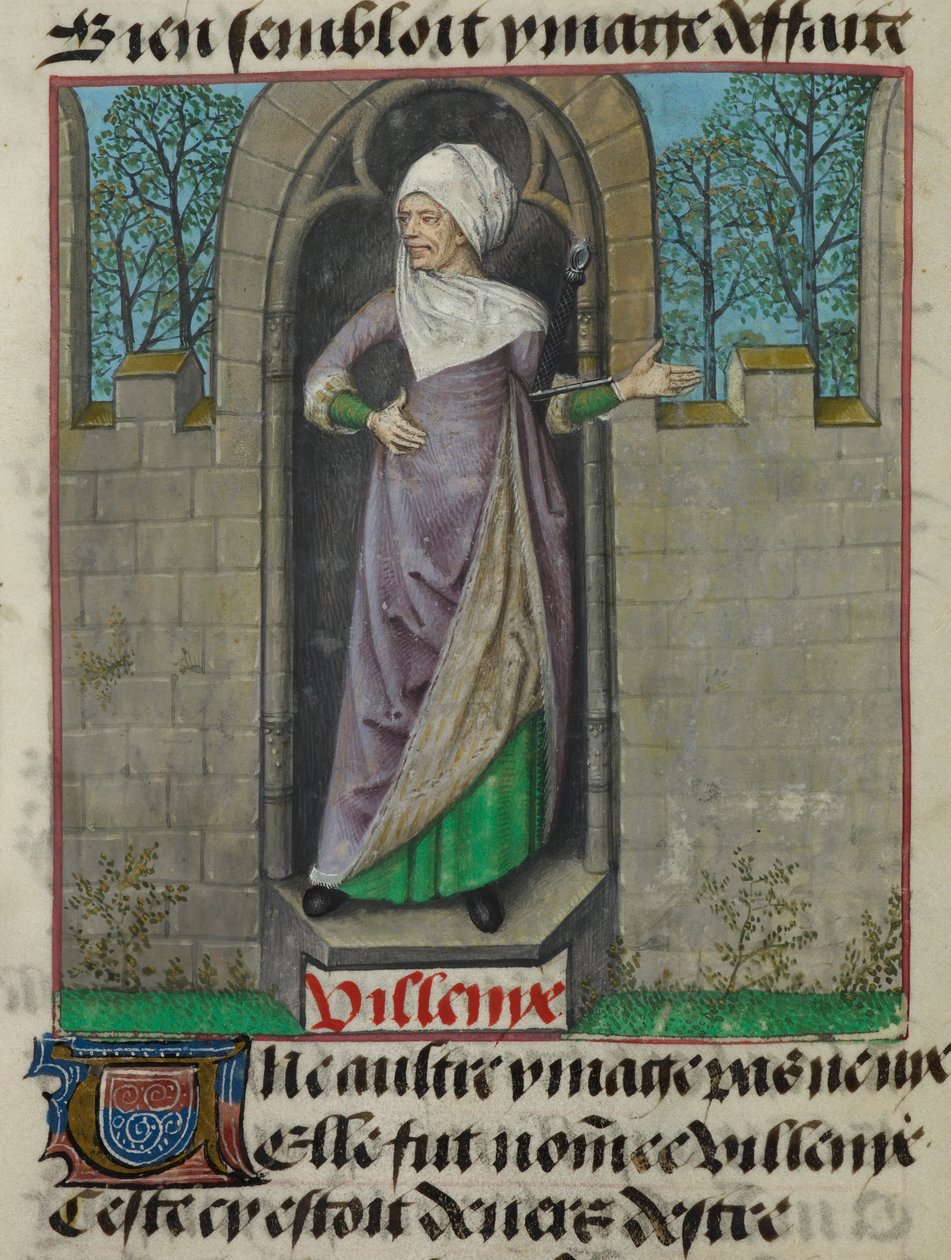 Fragment miniatury alegorycznej postaci Vilenie (Villainy) w drugiej kolumnie folio, z „Le Roman de la Rose” autorstwa Unknown artist