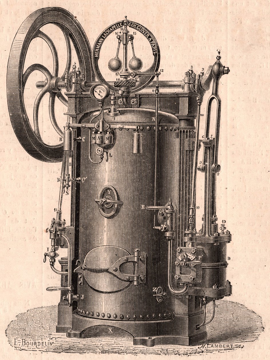 Szczegółowy widok techniczny małego silnika parowego wyprodukowanego w Paryżu w 1866 roku: kocioł, cylinder, tłok, korbowód i koło zamachowe autorstwa Unknown