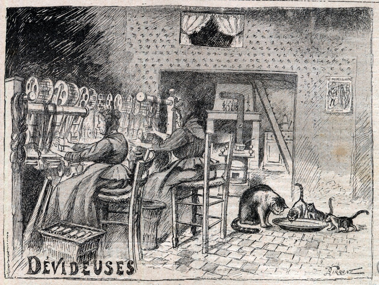 Devideuses - Atelier de Canut - wnętrze warsztatu tkaczy jedwabiu w Lyonie grawer w „Le Progres illustrious” z 1895 r. autorstwa Unknown artist