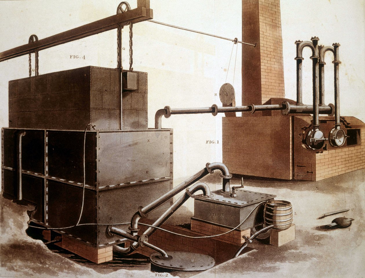 Schemat wyjaśniający produkcję gazu węglowego, Londyn 1815. autorstwa Unknown artist