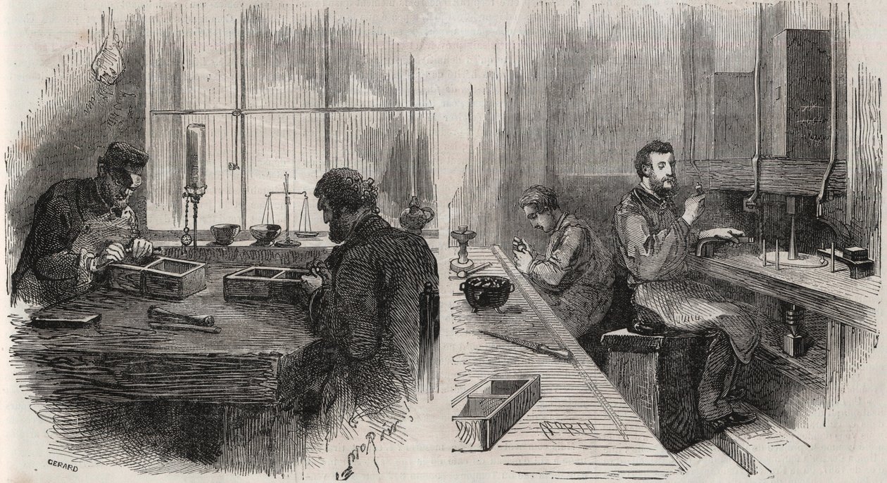 Cięcie diamentowe w warsztacie w Holandii: łuparki i polerki - Grawerowanie w „”Le Monde Illustré”” autorstwa Unknown artist