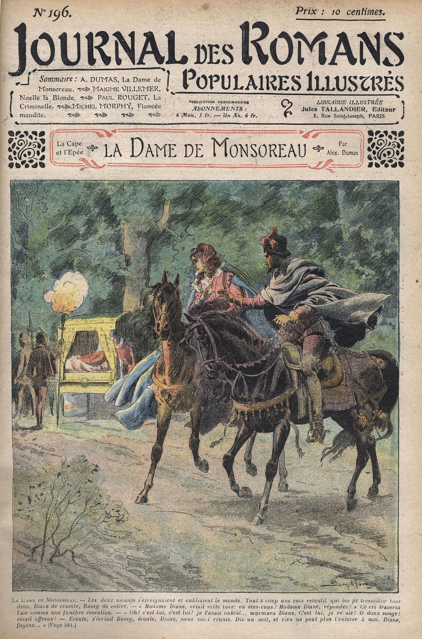 Diane zadzwoniła do męża podczas jazdy konnej ze swoim kochankiem Bussym. Ilustracja do powieści „La Dame de Monsoreau” Aleksandra Dumasa. W „Journal of Illustrated Popular Novels”. autorstwa Unknown artist