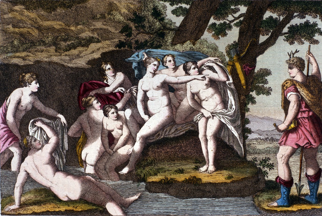 Diane przyłapana w wannie przez myśliwego Acteona. Rycina z „”Dizionario mitologico””” XIX w. autorstwa Unknown artist