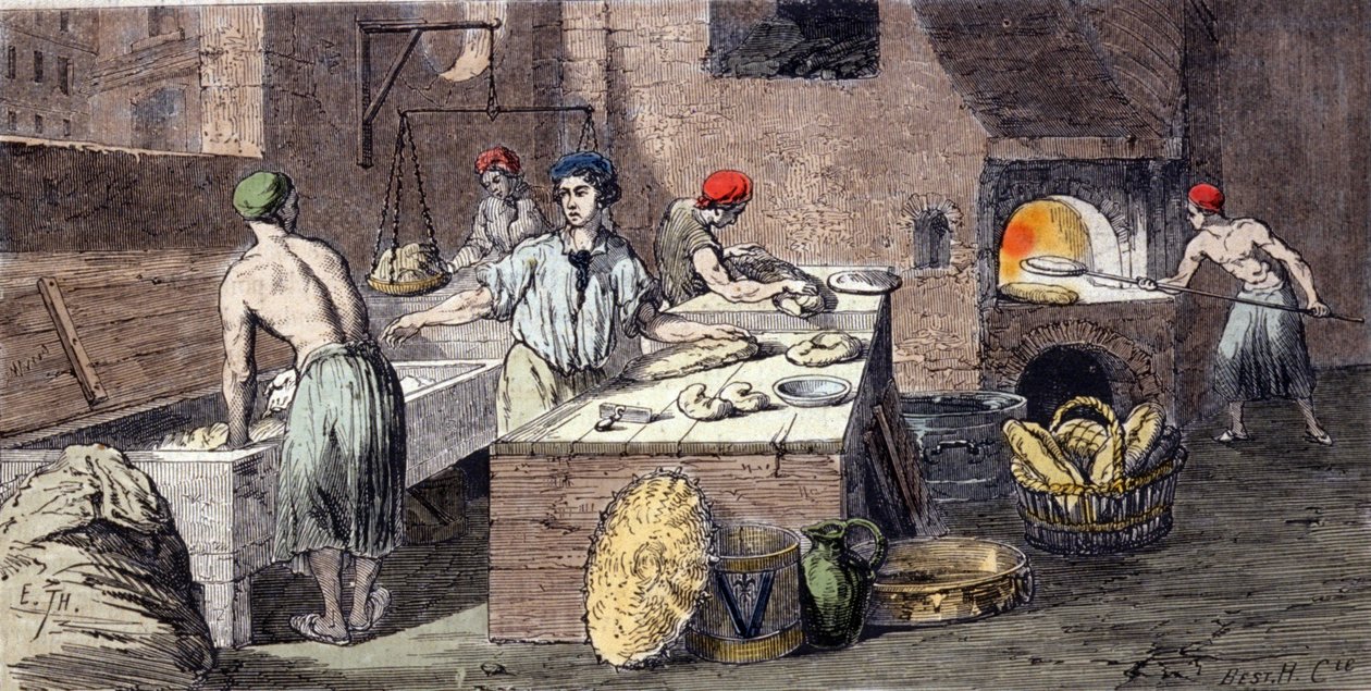 Różne czynności piekarzy: pieszczenie ciasta chlebowego, przygotowywanie bochenków, pieczenie. Rycina XIX wieku autorstwa Unknown artist