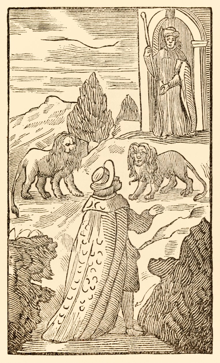 Trudność za nami, strach przed nami z The Pielgrzymki Postęp z tego świata, do tego, który ma nadejść John Bunyan (1628-1688) Christian przechodzi między lwami, gdy czujny tragarz patrzy na autorstwa Unknown