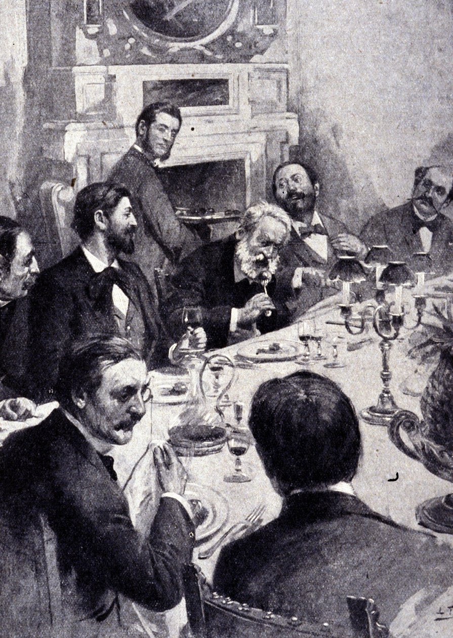 Jadalnia przy stole autorstwa Victora Hugo z Jean Mounet Sully (Mounet-Sully) (1841 - 1916), francuskim aktorem. Rycina XIX wieku. autorstwa Unknown artist